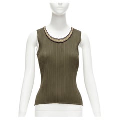 ISSEY MIYAKE Pleats Please khaki plisse orange embroidery neckline vest JP4 XL