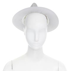 ISSEY MIYAKE PLEATS PLEASE light grey pleated wide brim statement boater hat