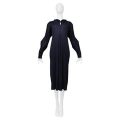 Issey Miyake Pleats Please Navy Long Pleated Dress With Button And Keyhole 2000