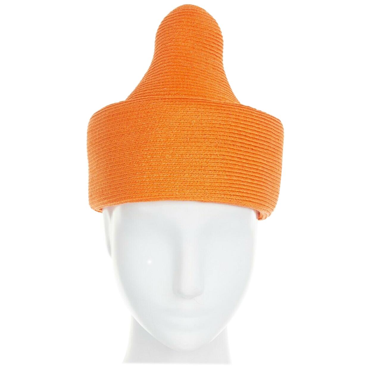 ISSEY MIYAKE PLEATS PLEASE orange raffia straw woven pointed cuffed moroccan hat