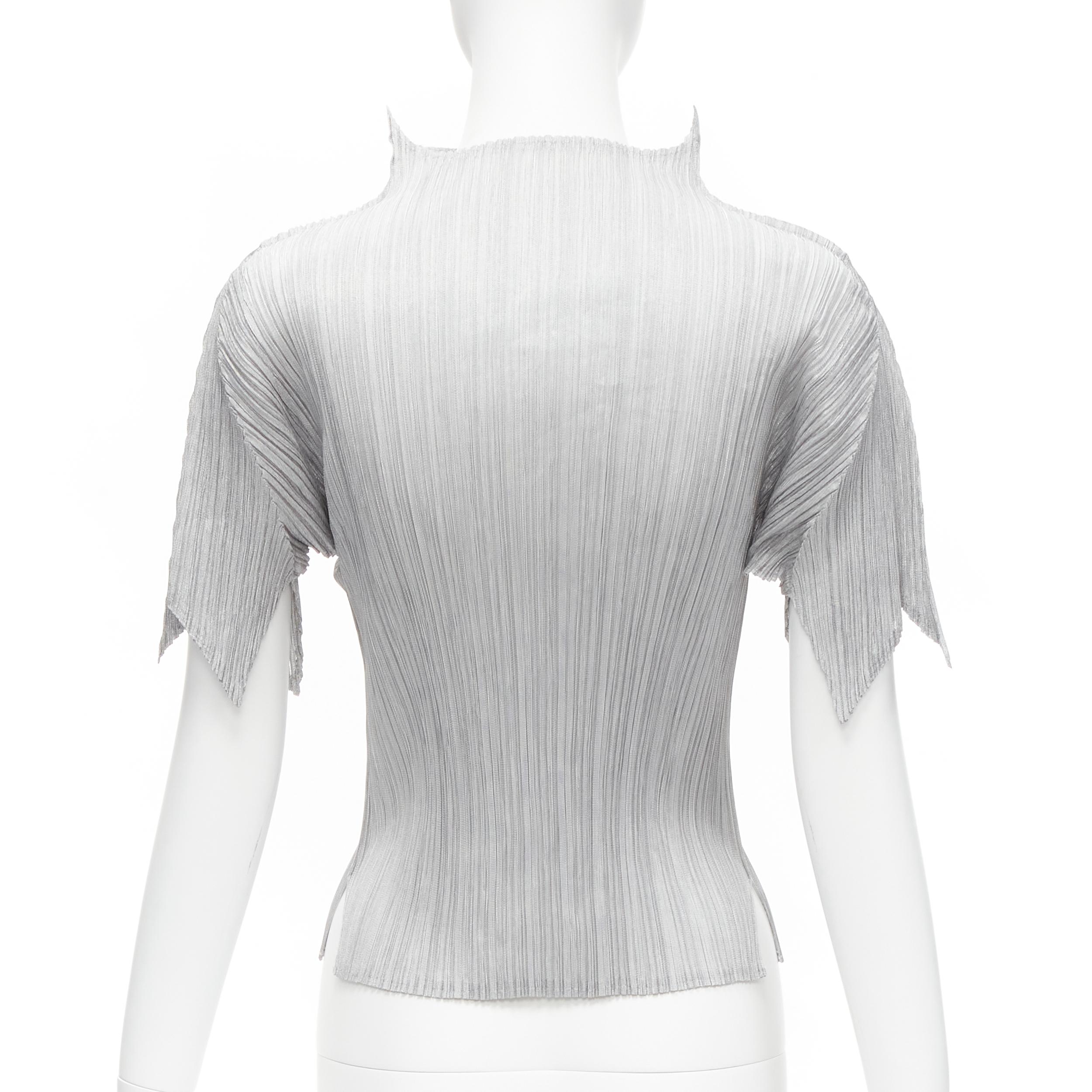 Women's ISSEY MIYAKE PLEATS PLEASE silver spike collar angular cut pleats top JP3 L For Sale