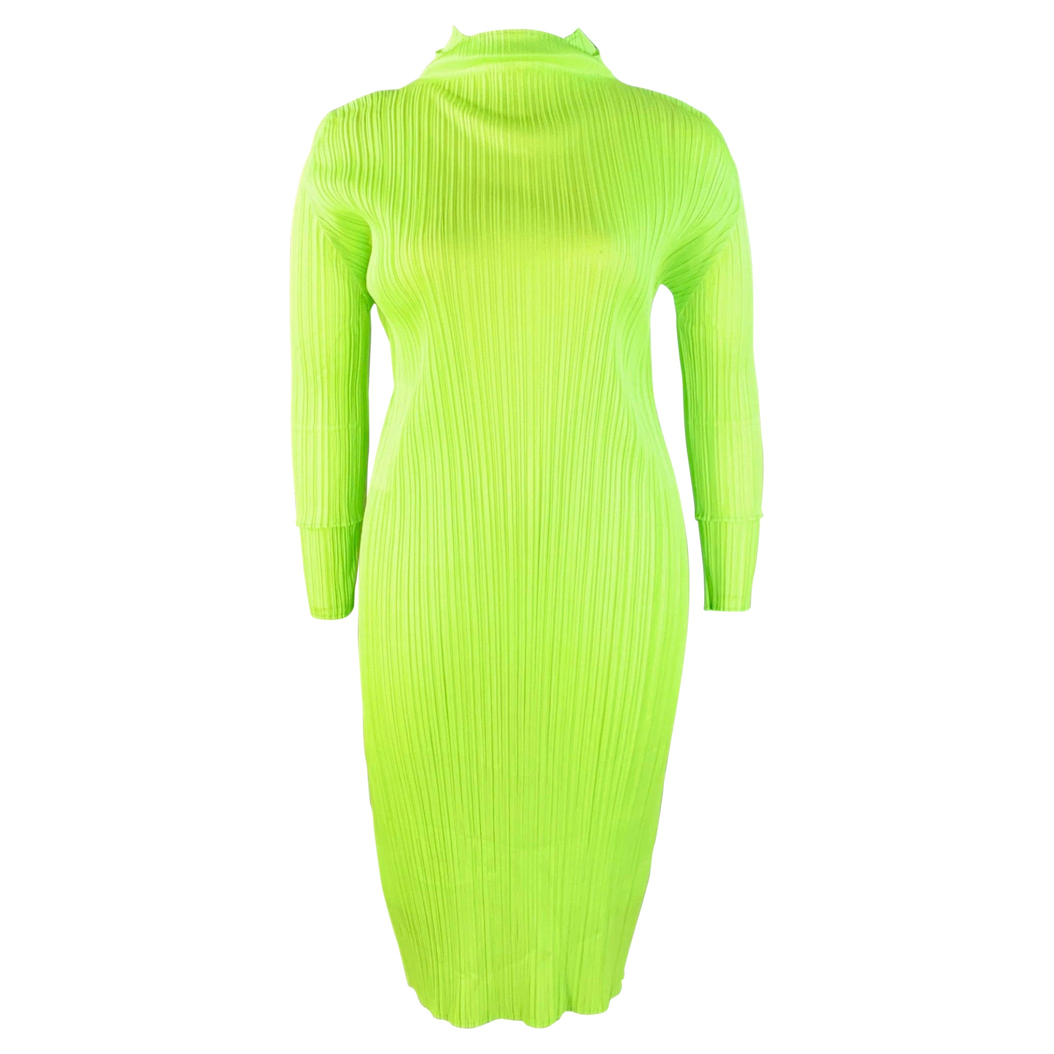 Issey Miyake Pleats Please Taglia L Abito a Maglia in Poliestere Plissettato Verde Neon