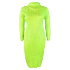 ISSEY MIYAKE PLEATS PLEASE Size L Neon Green Polyester Pleated Shift Dress