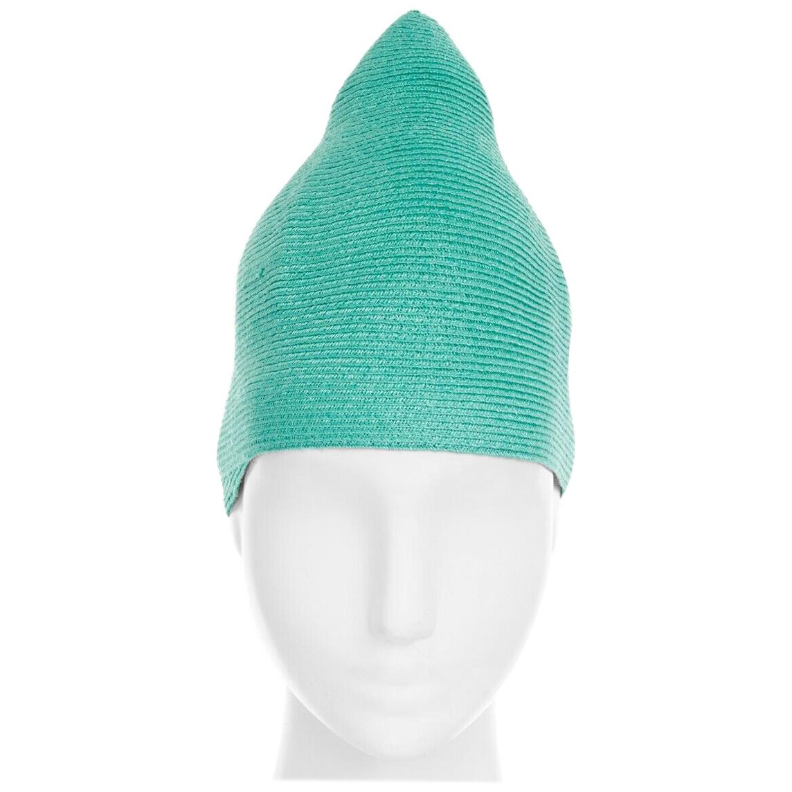 ISSEY MIYAKE PLEATS PLEASE teal green raffia straw woven pointed moroccan hat