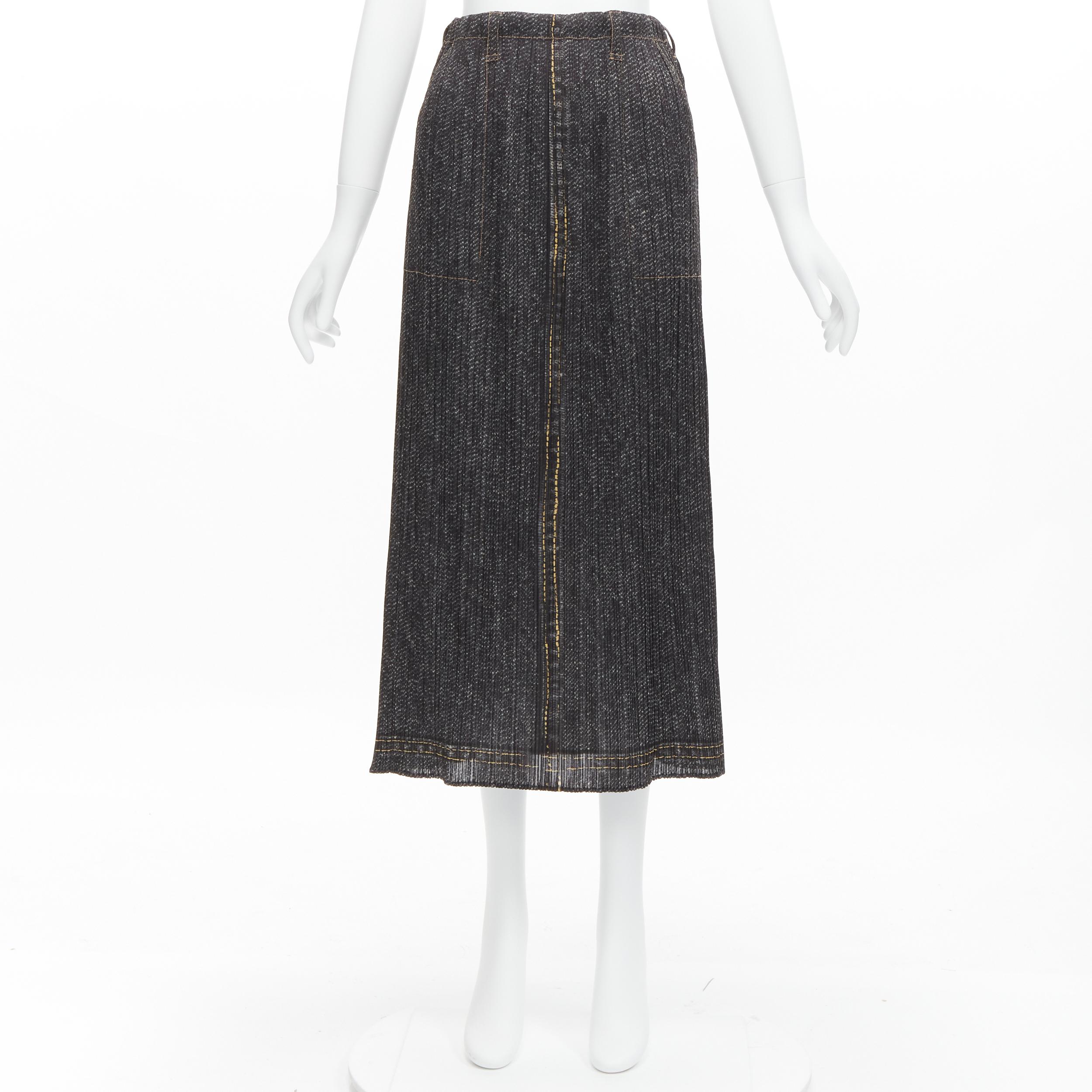 ISSEY MIYAKE PLEATS PLEASE yellow overstitched blue denim tromp loeil skirt JP2 For Sale 5