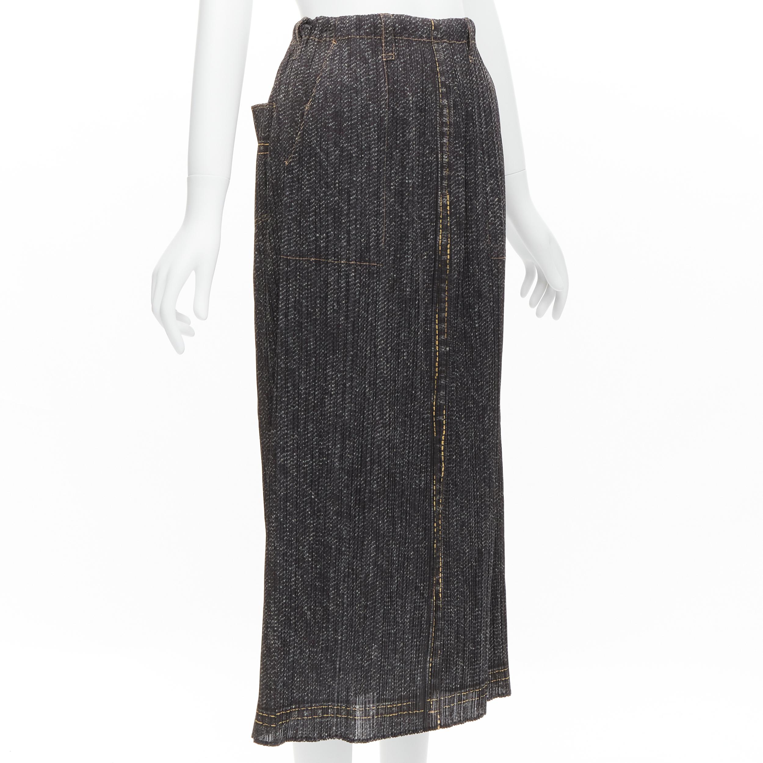Black ISSEY MIYAKE PLEATS PLEASE yellow overstitched blue denim tromp loeil skirt JP2 For Sale