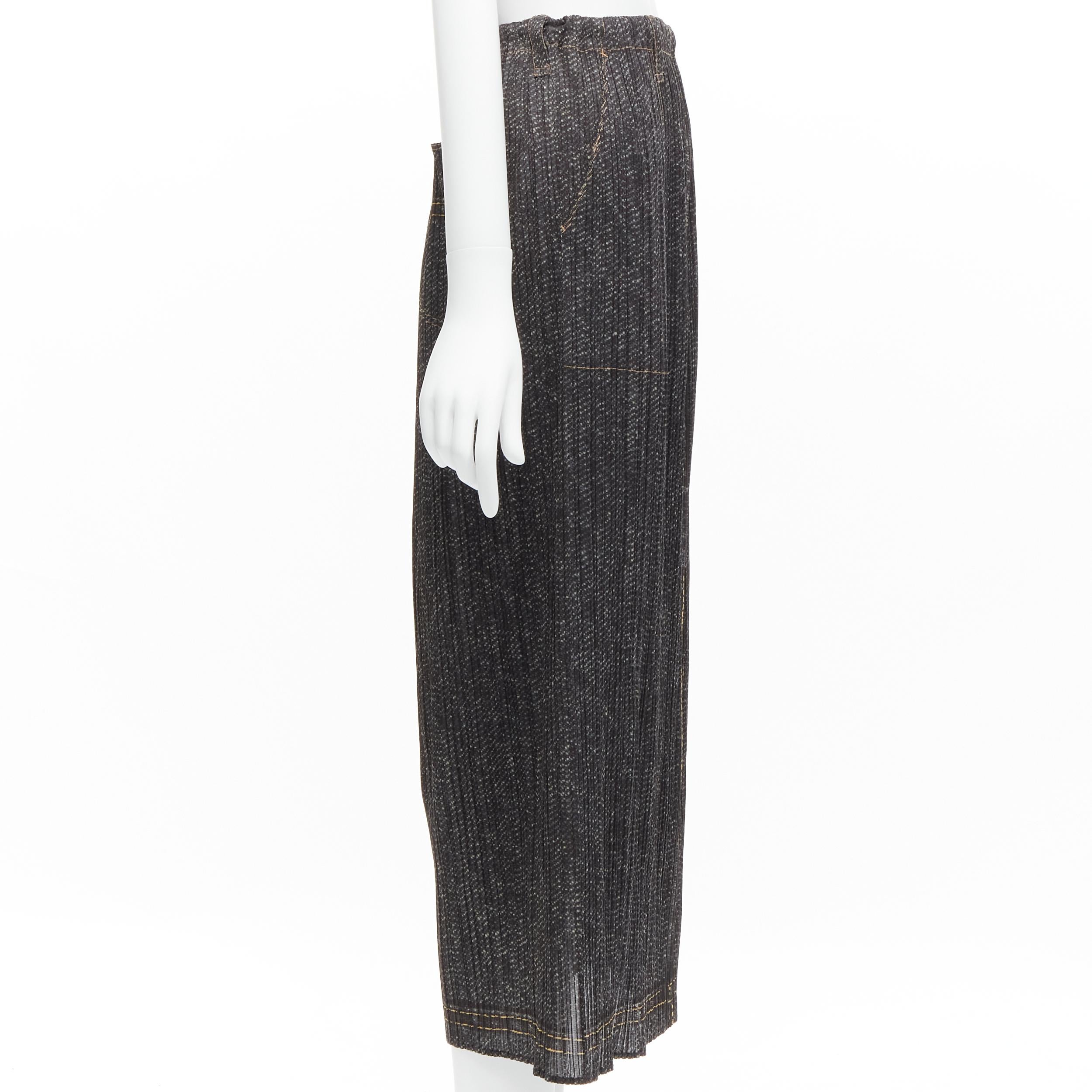 ISSEY MIYAKE PLEATS PLEASE yellow overstitched blue denim tromp loeil skirt JP2 In Excellent Condition For Sale In Hong Kong, NT