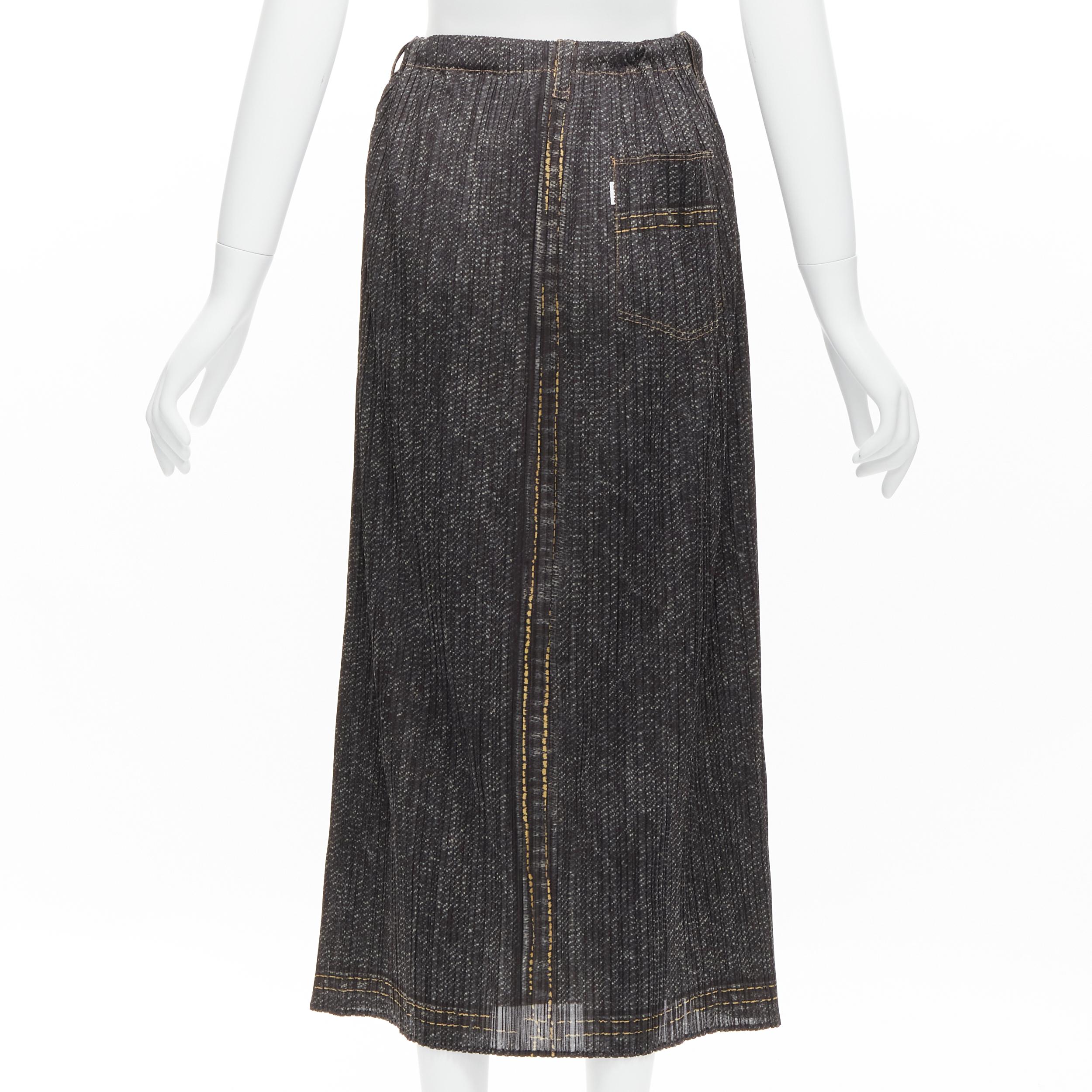 Women's ISSEY MIYAKE PLEATS PLEASE yellow overstitched blue denim tromp loeil skirt JP2 For Sale