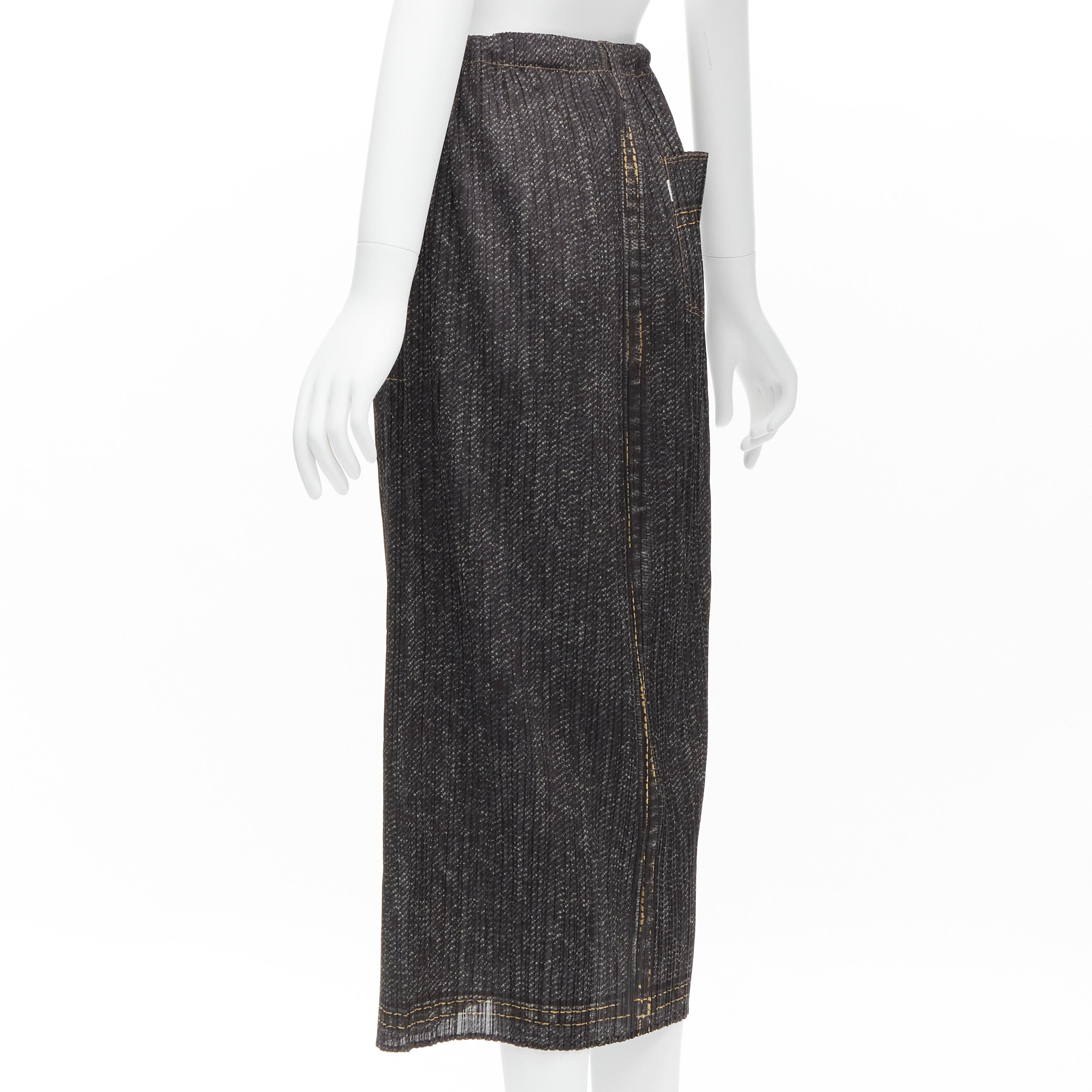 ISSEY MIYAKE PLEATS PLEASE yellow overstitched blue denim tromp loeil skirt JP2 For Sale 1