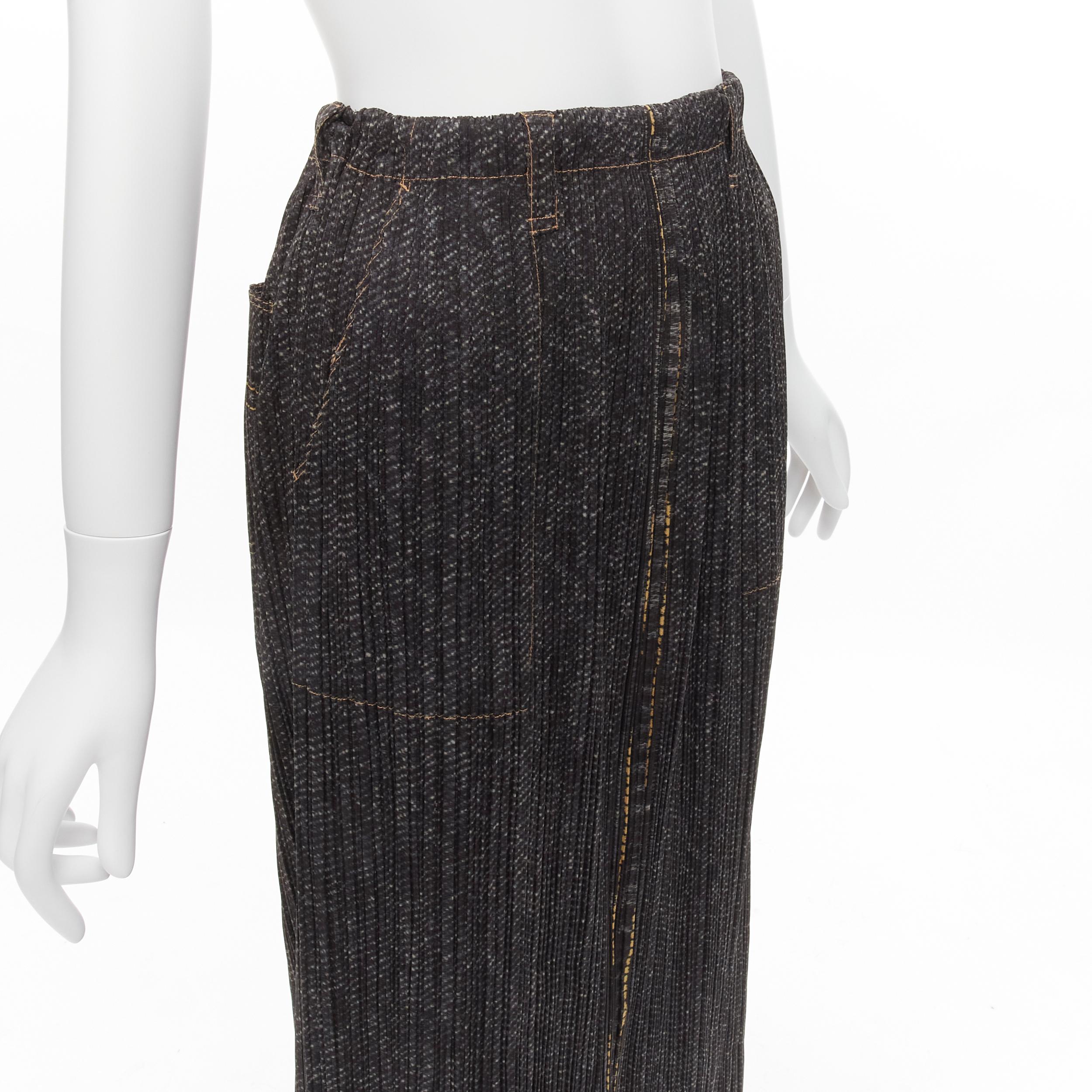 ISSEY MIYAKE PLEATS PLEASE yellow overstitched blue denim tromp loeil skirt JP2 For Sale 2