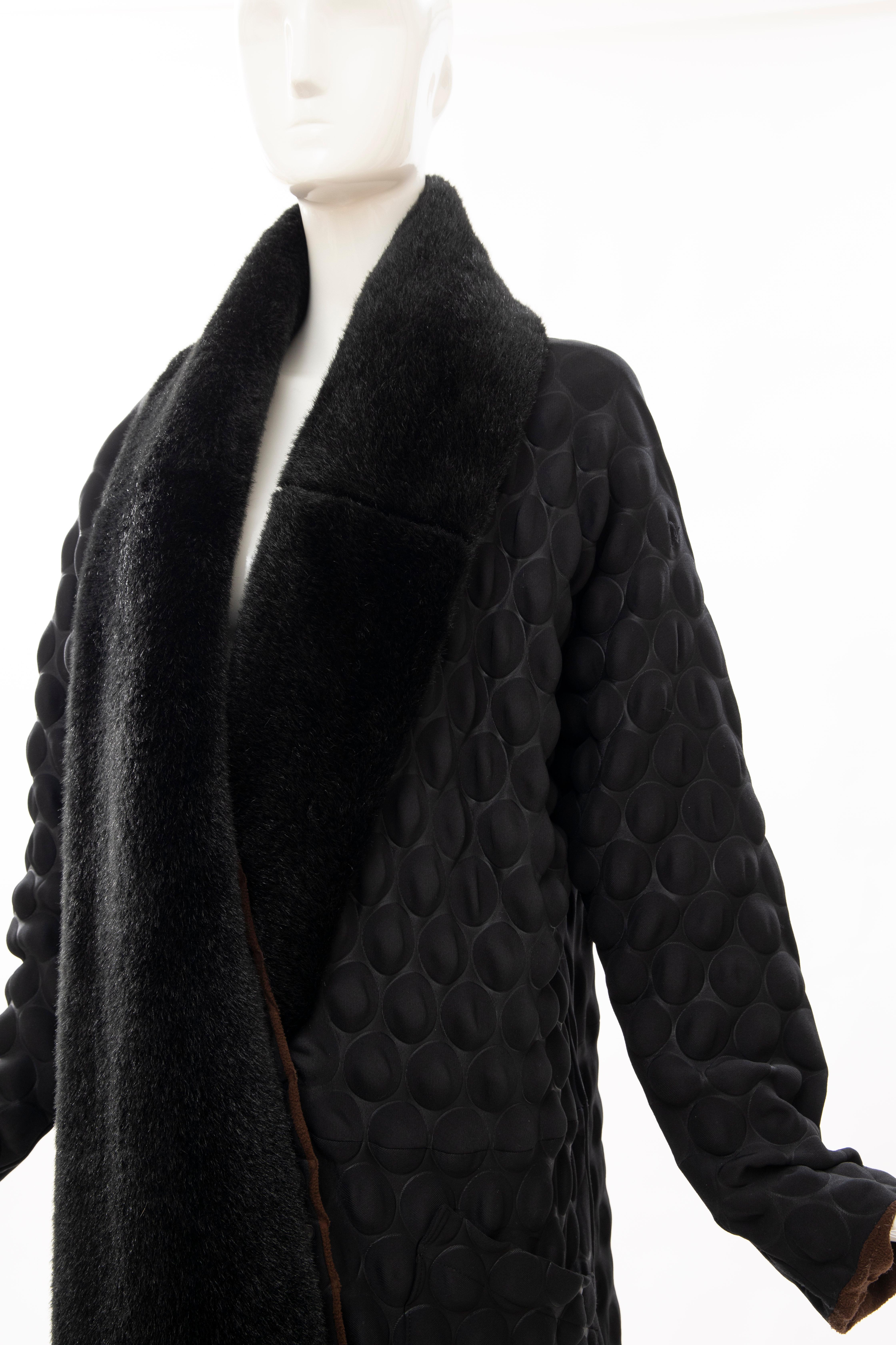 Issey Miyake Runway Black Egg Carton Coat Detachable Faux Fur Collar, Fall 2000 4