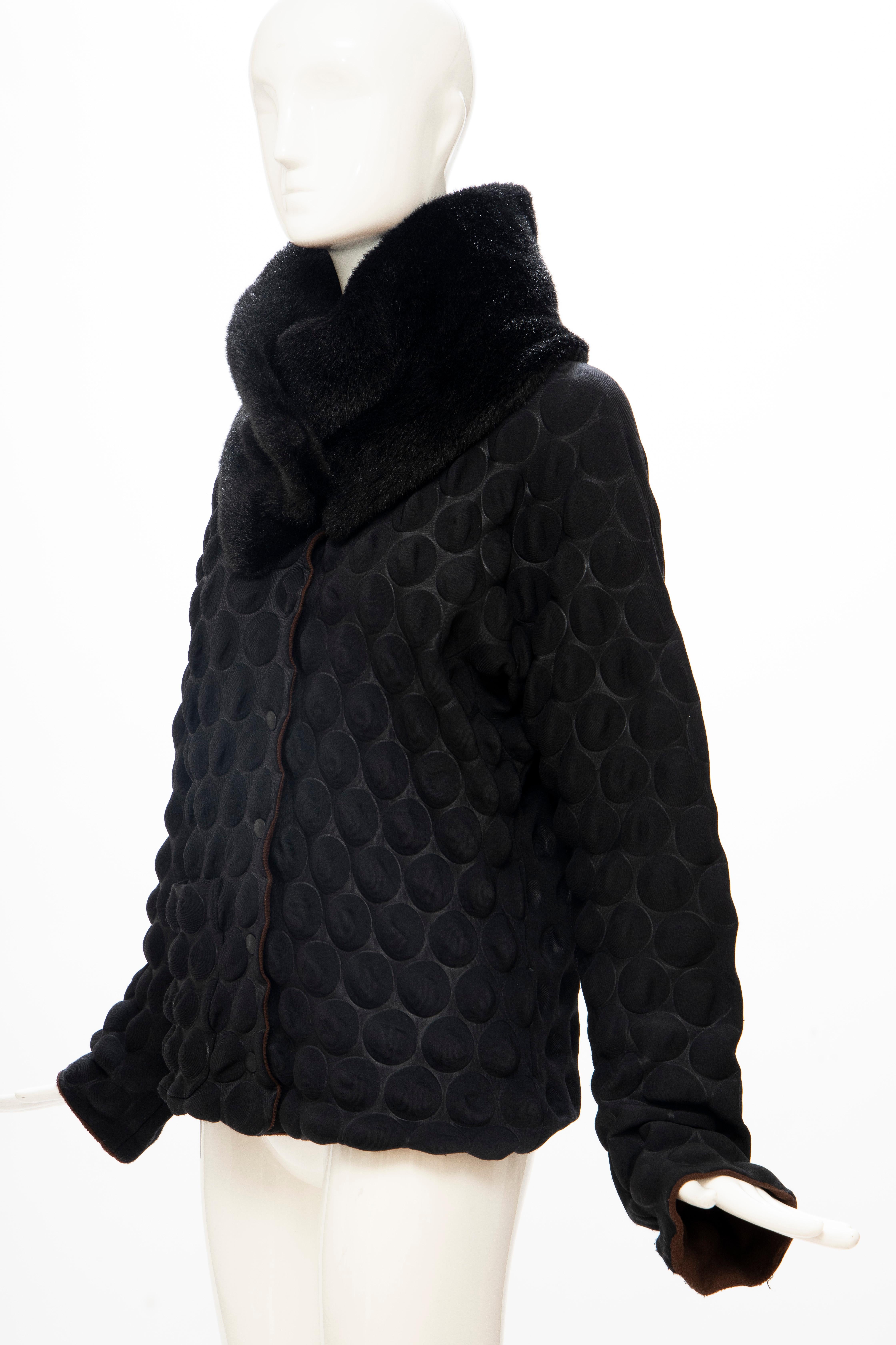 Issey Miyake Runway Black Egg Carton Jacket Detachable Faux Fur Collar, Fall 2000 For Sale 6