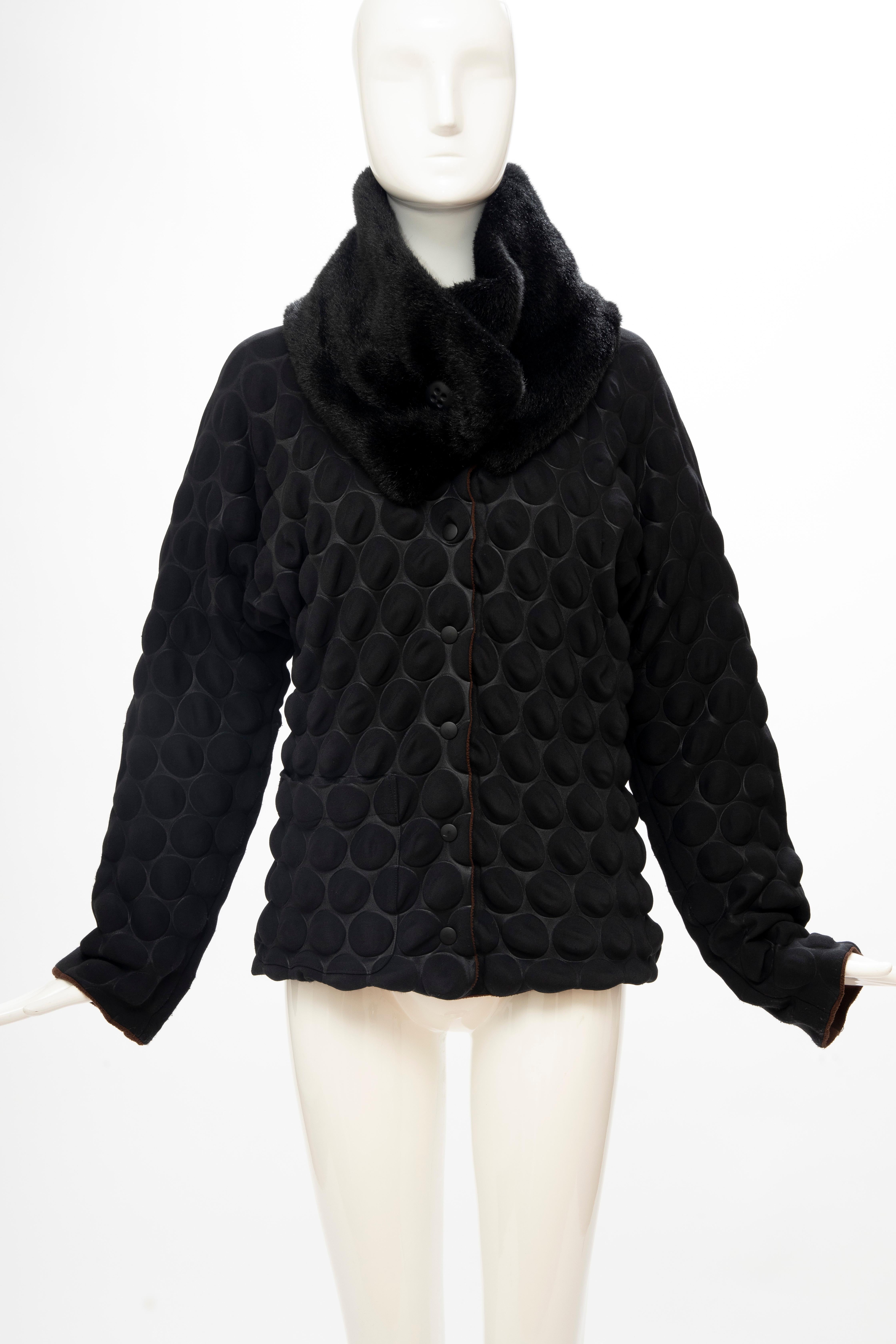 Issey Miyake Runway Black Egg Carton Jacket Detachable Faux Fur Collar, Fall 2000 In Good Condition For Sale In Cincinnati, OH