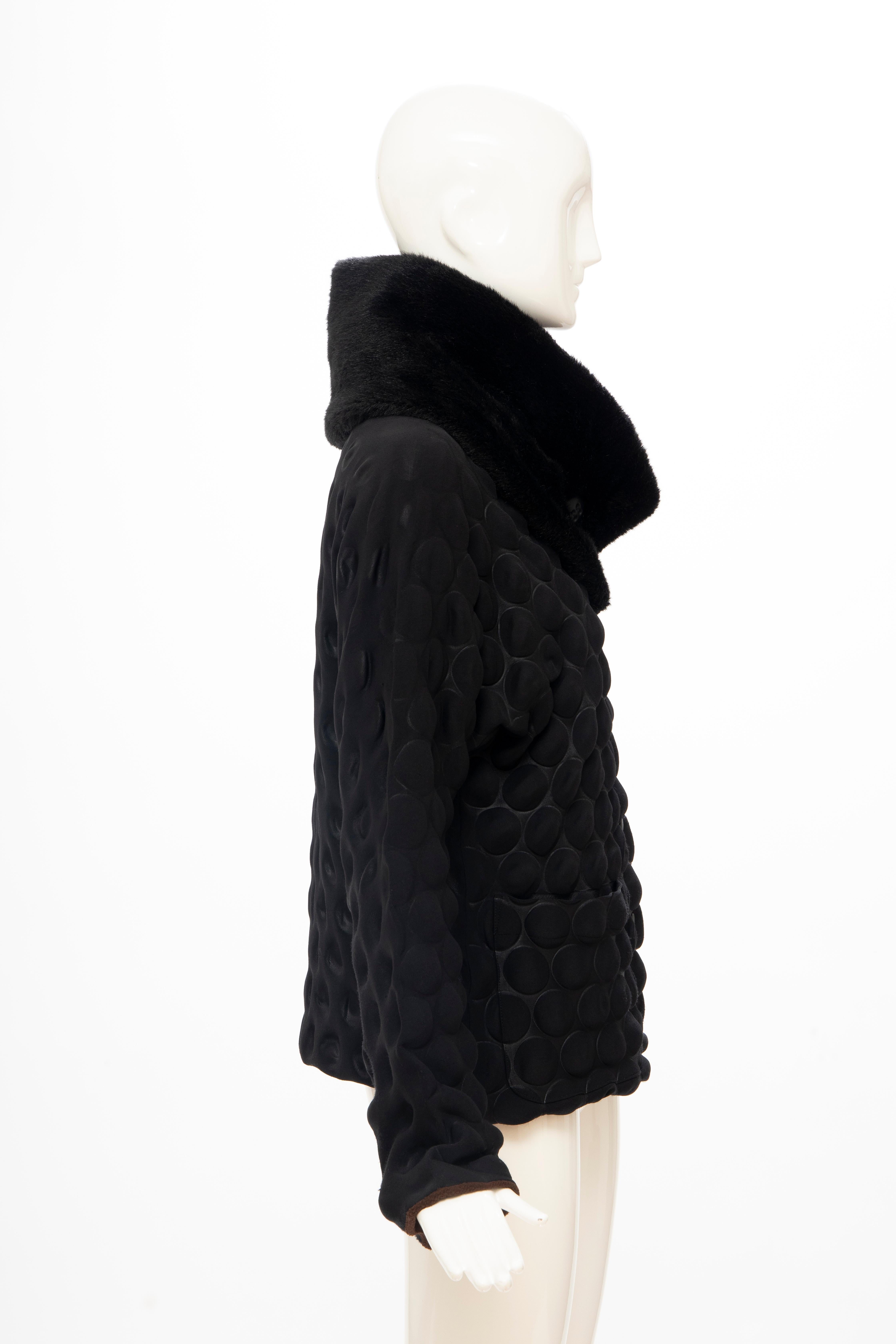 Issey Miyake Runway Black Egg Carton Jacket Detachable Faux Fur Collar, Fall 2000 For Sale 1