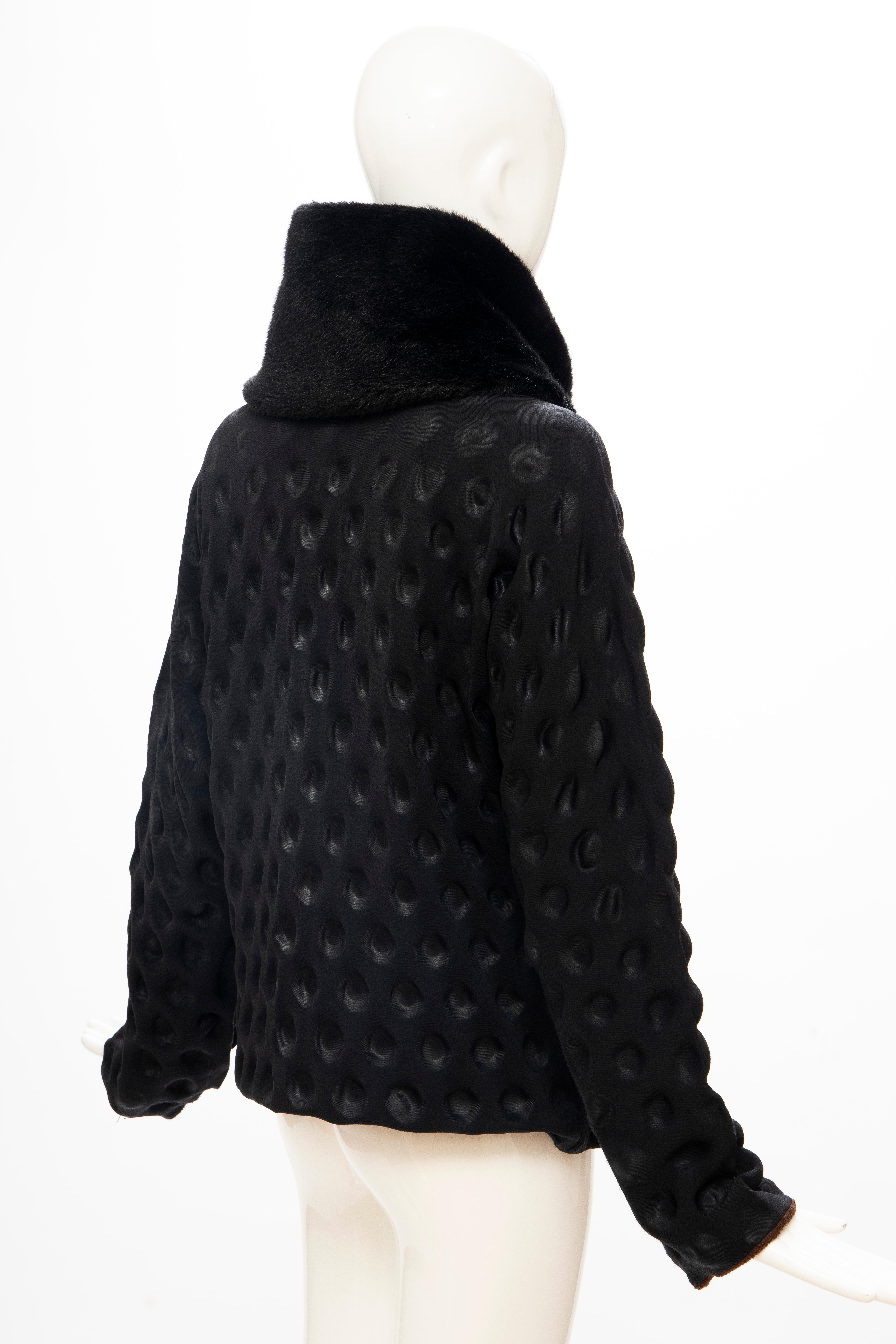 Issey Miyake Runway Black Egg Carton Jacket Detachable Faux Fur Collar, Fall 2000 For Sale 2