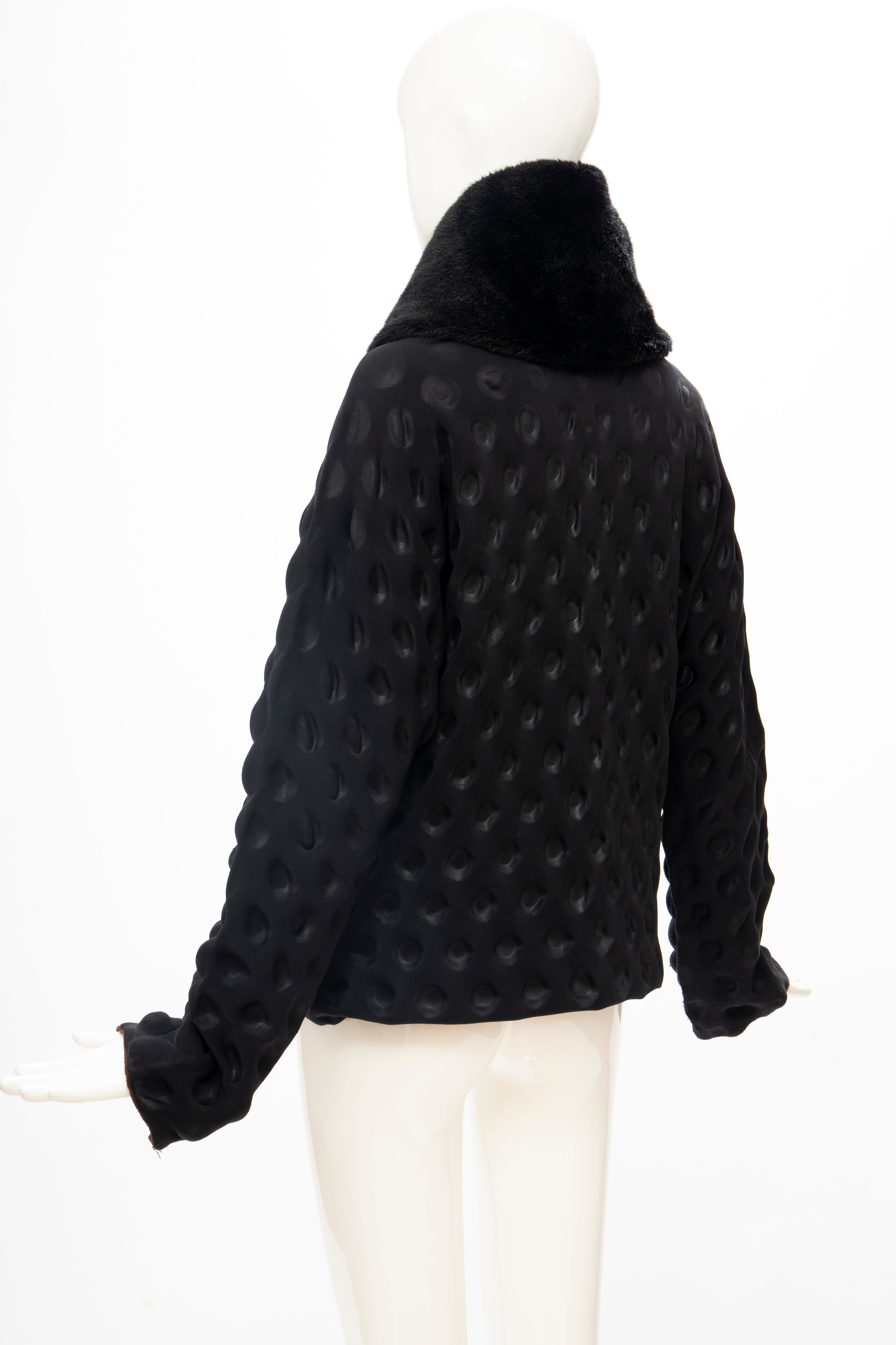 Issey Miyake Runway Black Egg Carton Jacket Detachable Faux Fur Collar, Fall 2000 For Sale 4