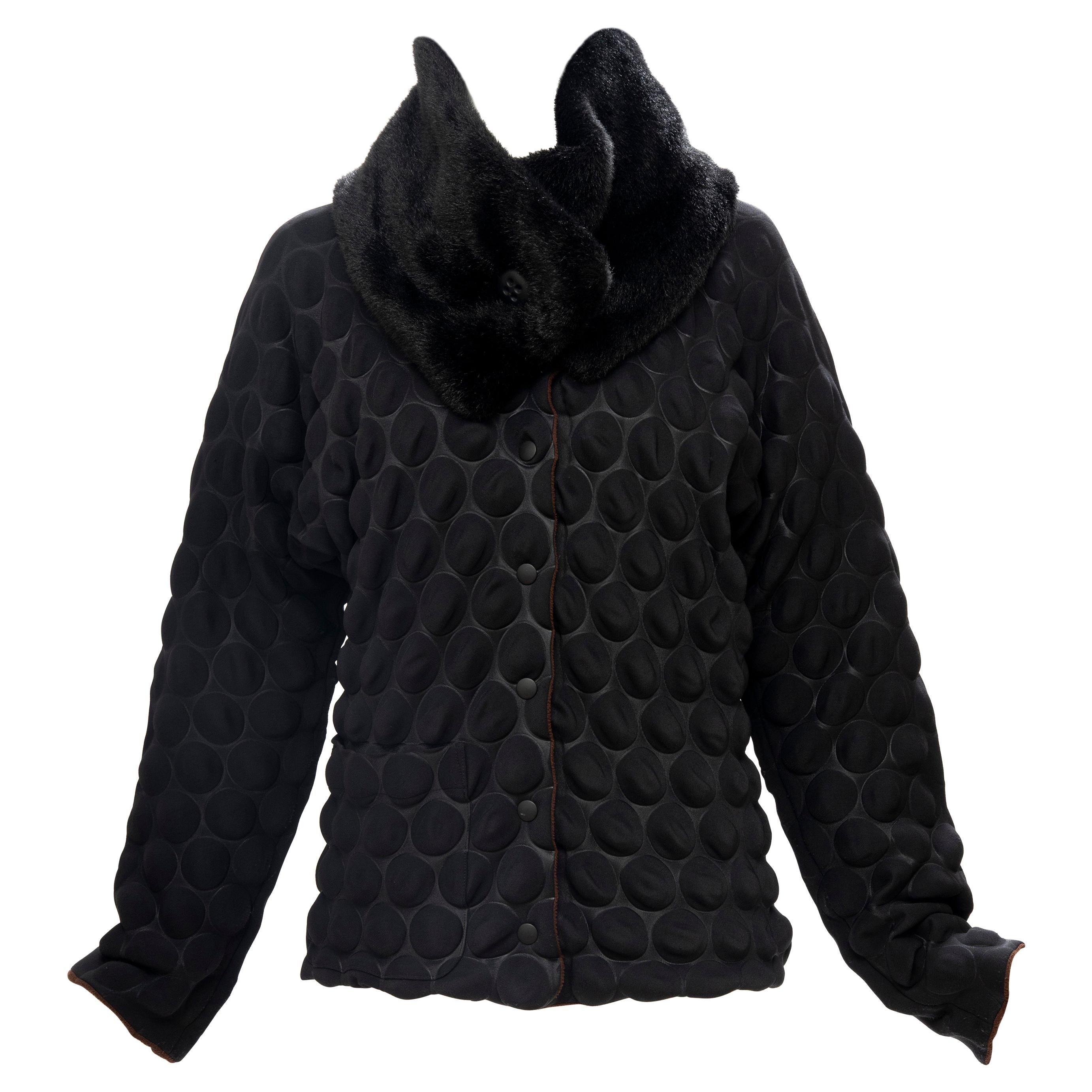 Issey Miyake Runway Black Egg Carton Jacket Detachable Faux Fur Collar, Fall 2000 For Sale