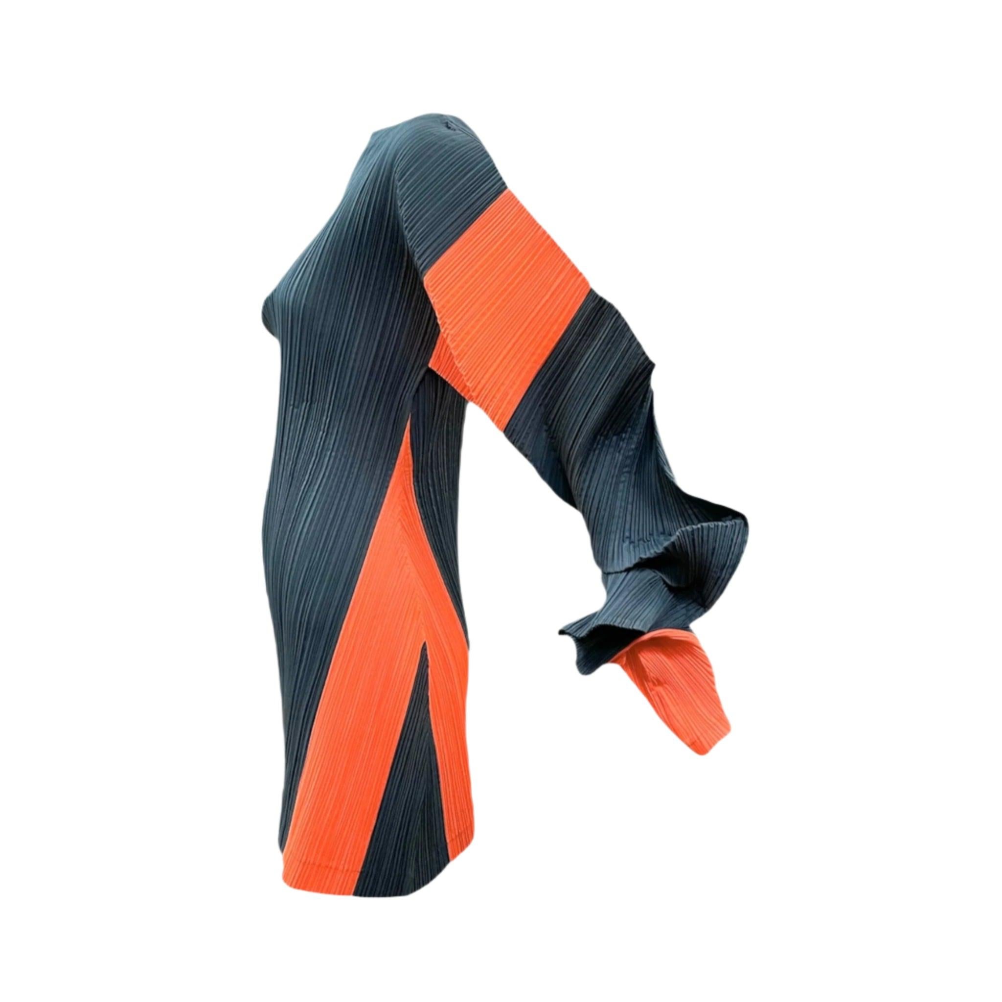Issey Miyake S/S 1991 color-blocked dove grey and neon orange pleated mini dress or tunic. Asymmetrical silhouette with twisted voluminous paper lantern sleeves. An origami masterpiece. It looks amazing on and off the hanger. The color in the first