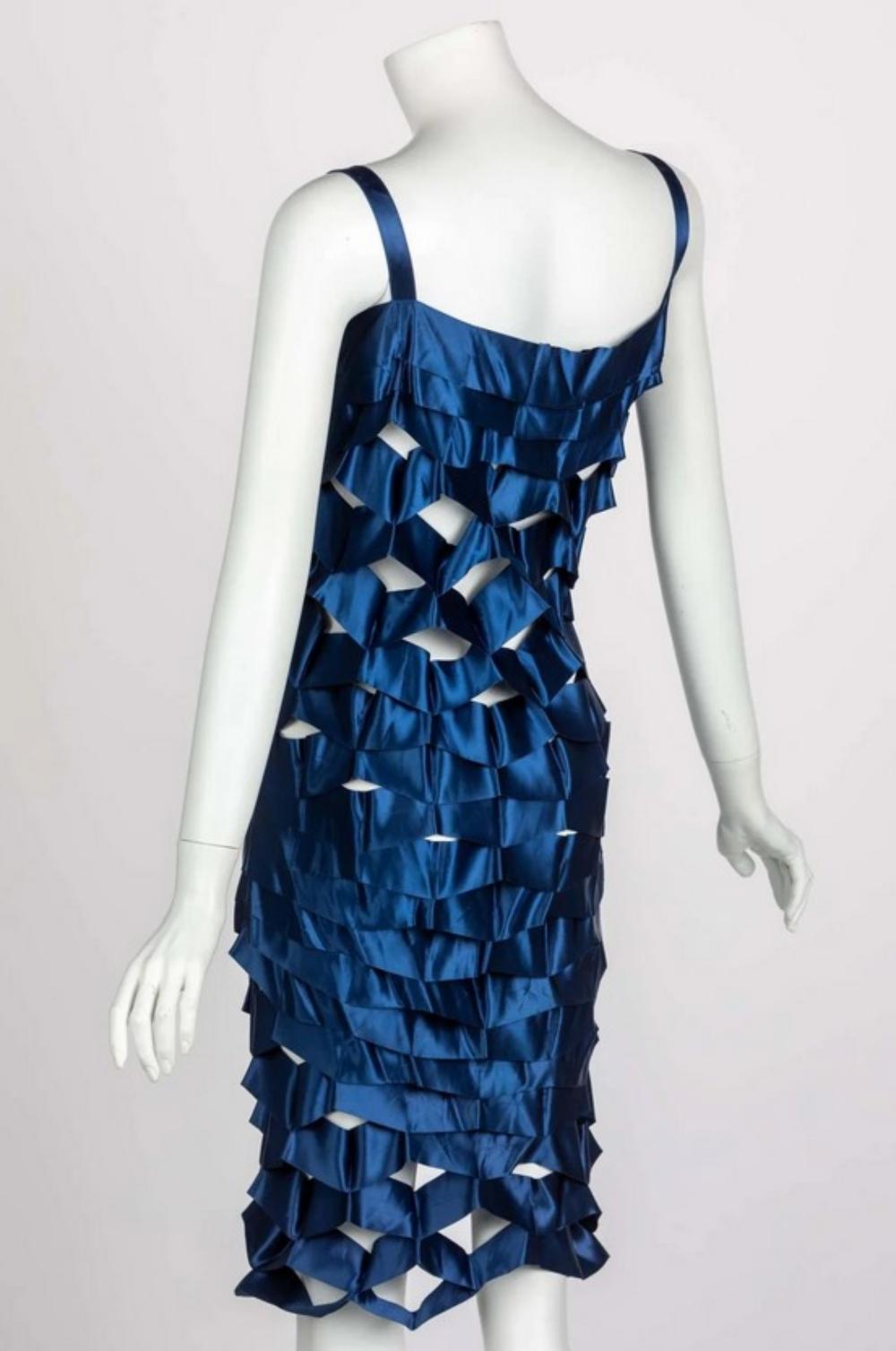 Issey Miyake Sapphire Japanese Blue Satin Ribbon Cage Dress, 1990s In Excellent Condition For Sale In PARIS, FR