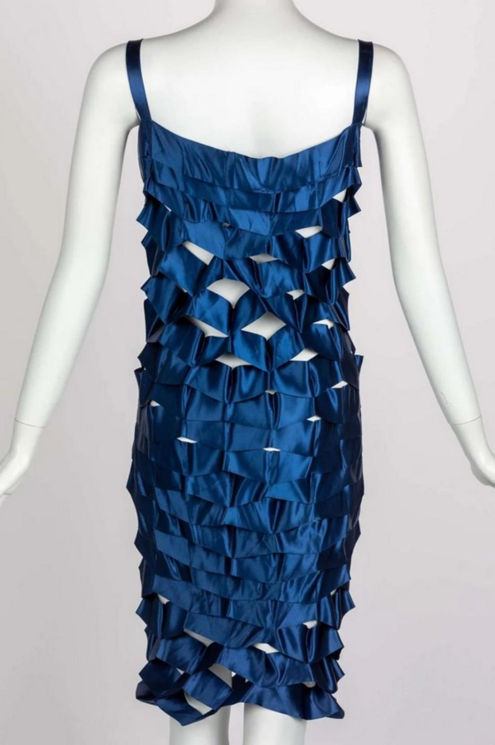 Women's Issey Miyake Sapphire Japanese Blue Satin Ribbon Cage Dress, 1990s For Sale