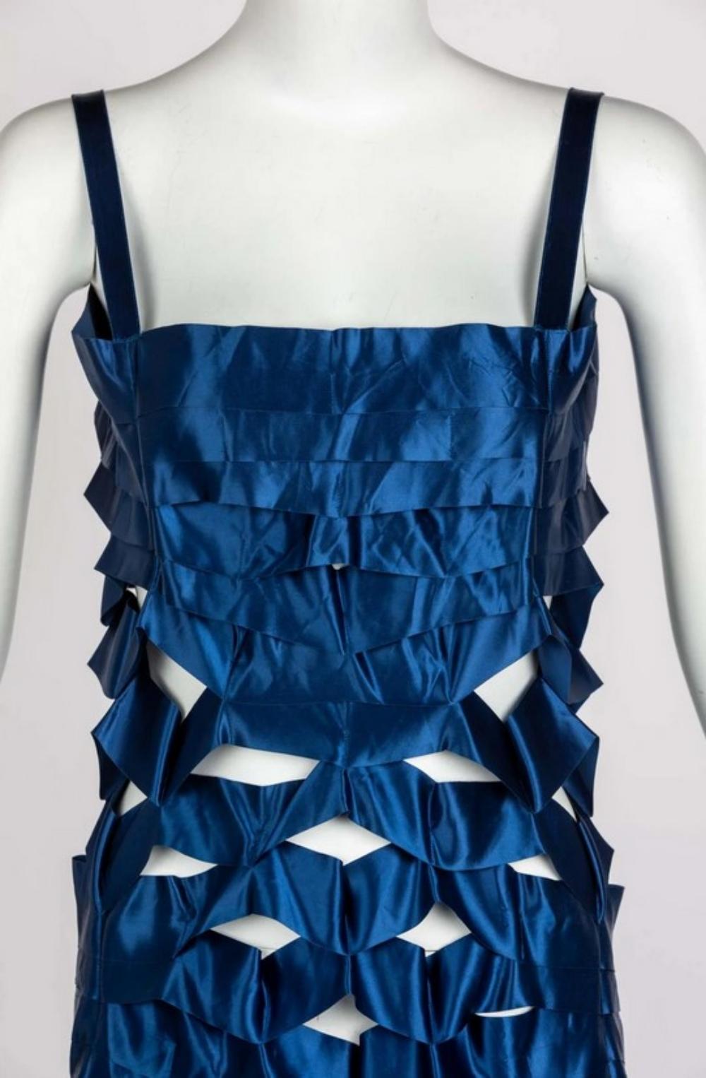 Issey Miyake Sapphire Japanese Blue Satin Ribbon Cage Dress, 1990s For Sale 1
