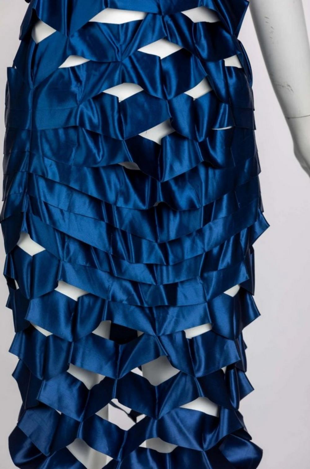Issey Miyake Sapphire Japanese Blue Satin Ribbon Cage Dress, 1990s For Sale 2