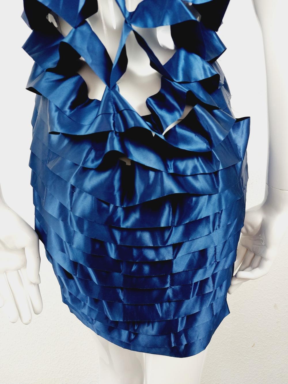 Issey Miyake Sapphire Japanese Blue Satin Ribbon Cage Dress, 1990s For Sale 4