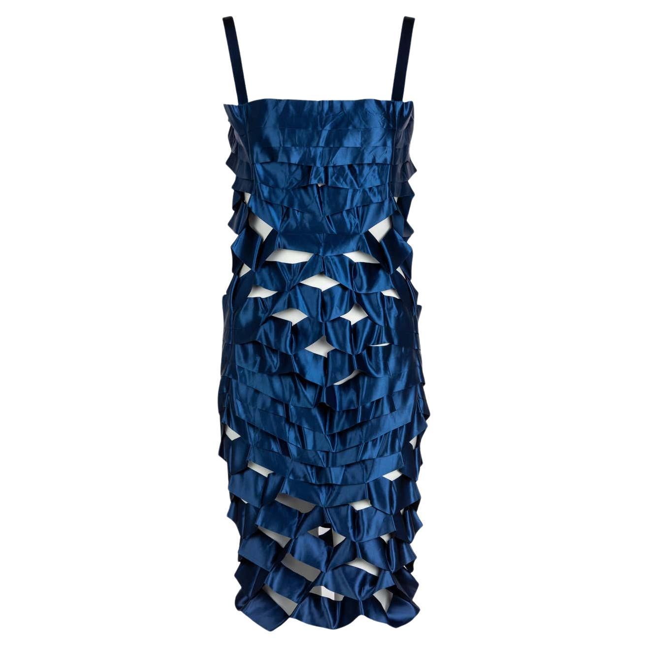 Issey Miyake Sapphire Japanese Blue Satin Ribbon Cage Dress, 1990s For Sale