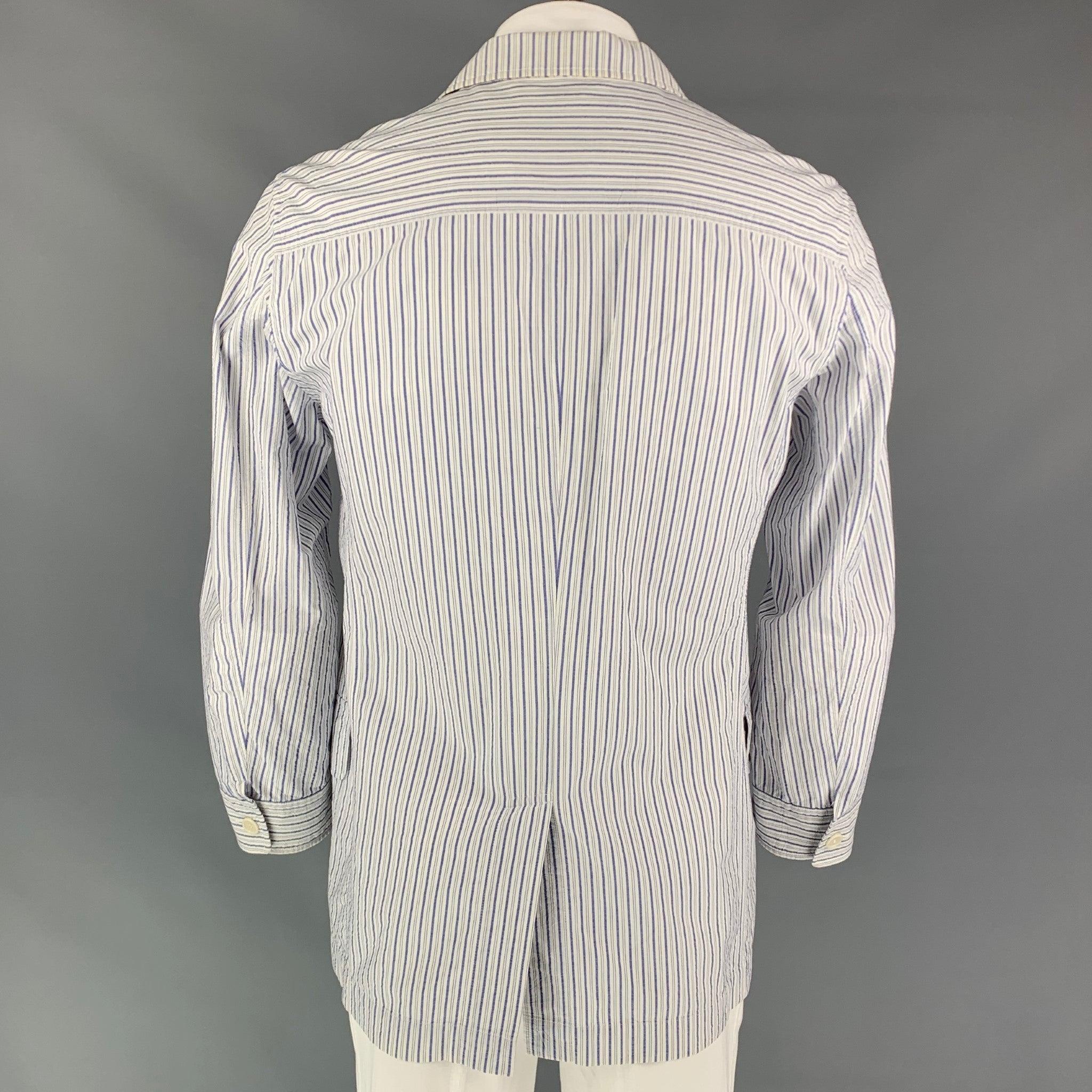 Men's ISSEY MIYAKE Size 44 White & Blue Stripe Cotton Sport Coat For Sale