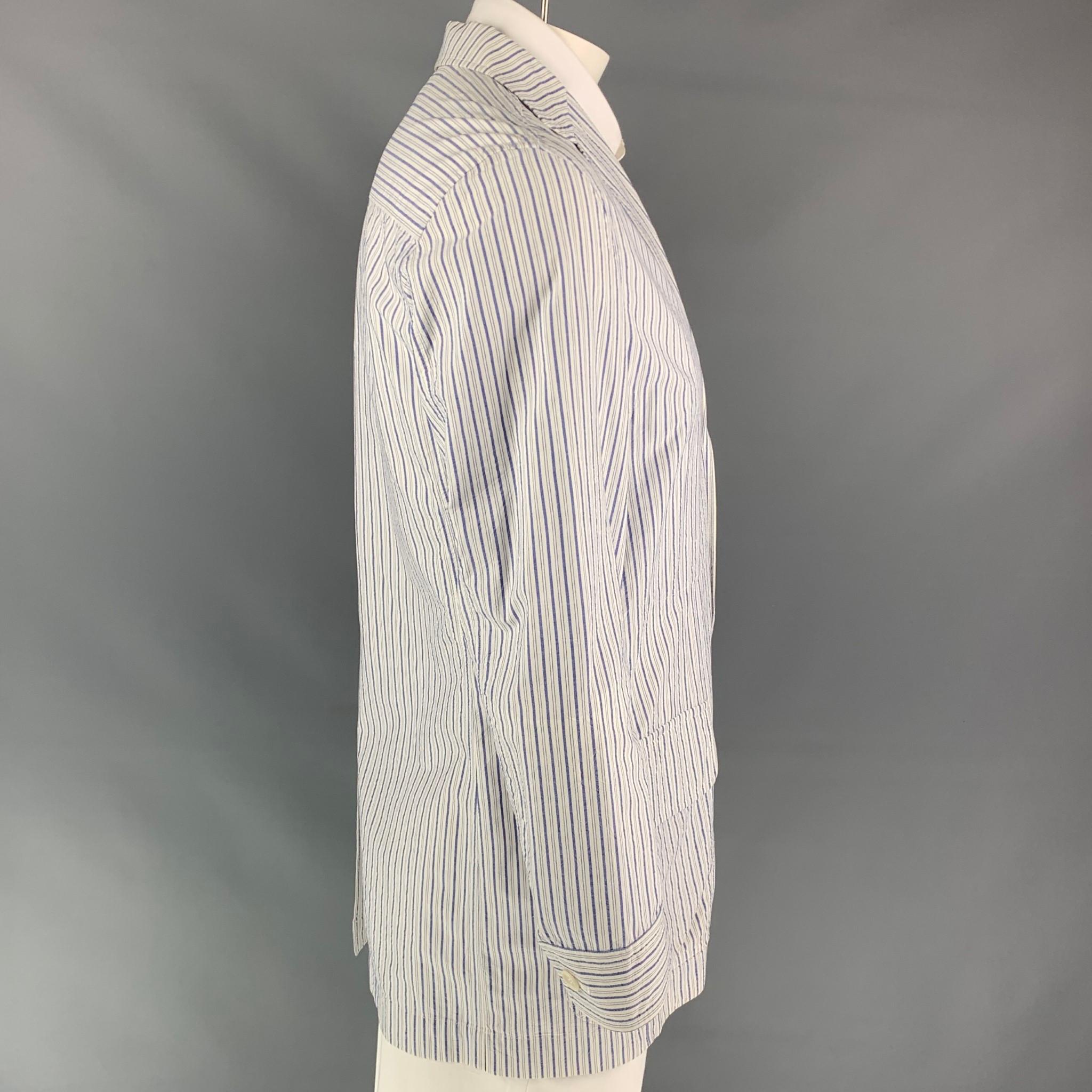 Men's ISSEY MIYAKE Size 44 White & Blue Stripe Cotton Sport Coat