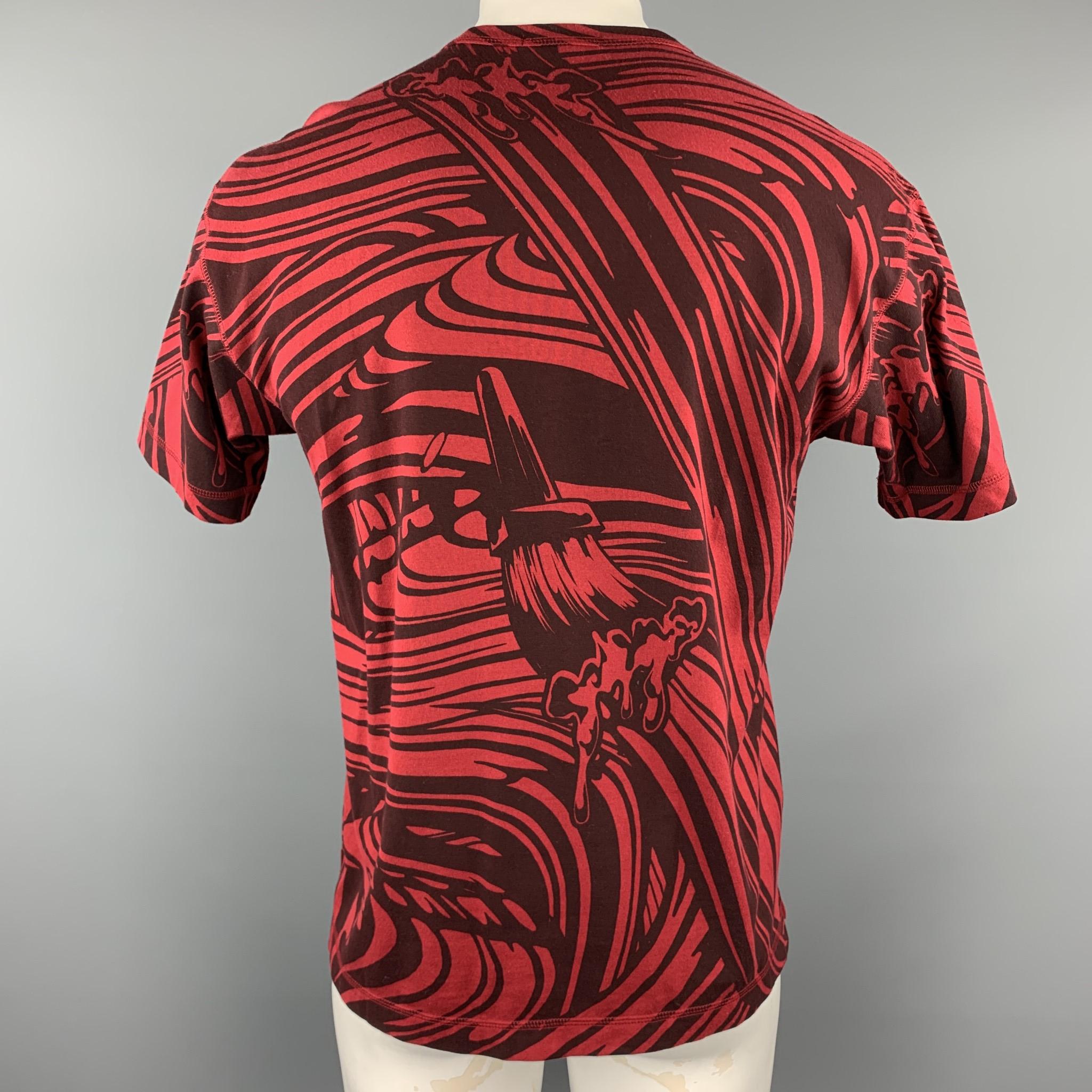 Men's ISSEY MIYAKE Size L Red & Burgundy Brush Stroke Print Cotton T-shirt