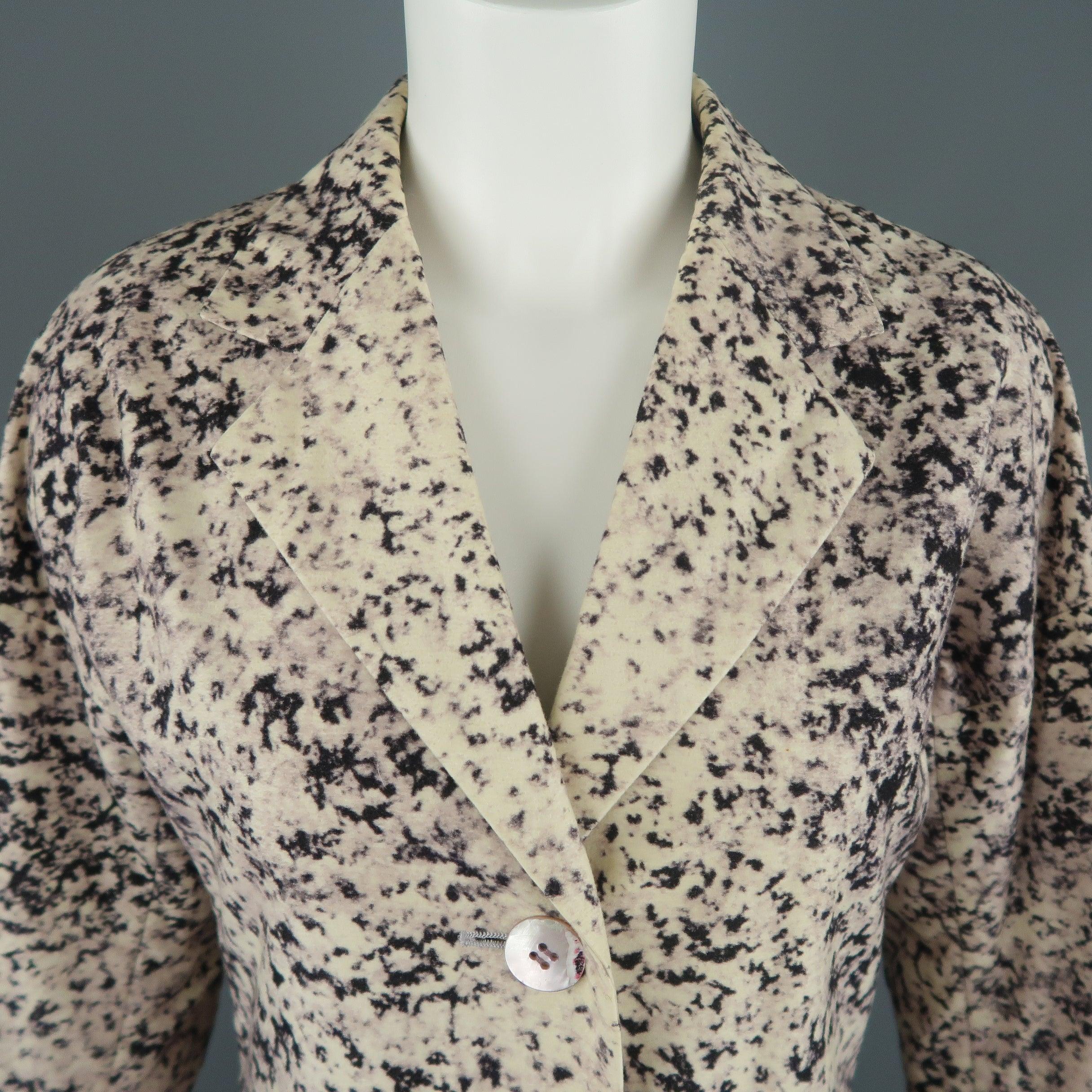 Vintage ISSEY MIYAKE jacket comes in beige purple and black marble print felt with a notch lapel, two button front, slit pockets, drop shoulder, and nylon liner. Made in Italy.
Very Good Pre-Owned Condition.
 

Marked:   (no size)
 

Measurements: 
