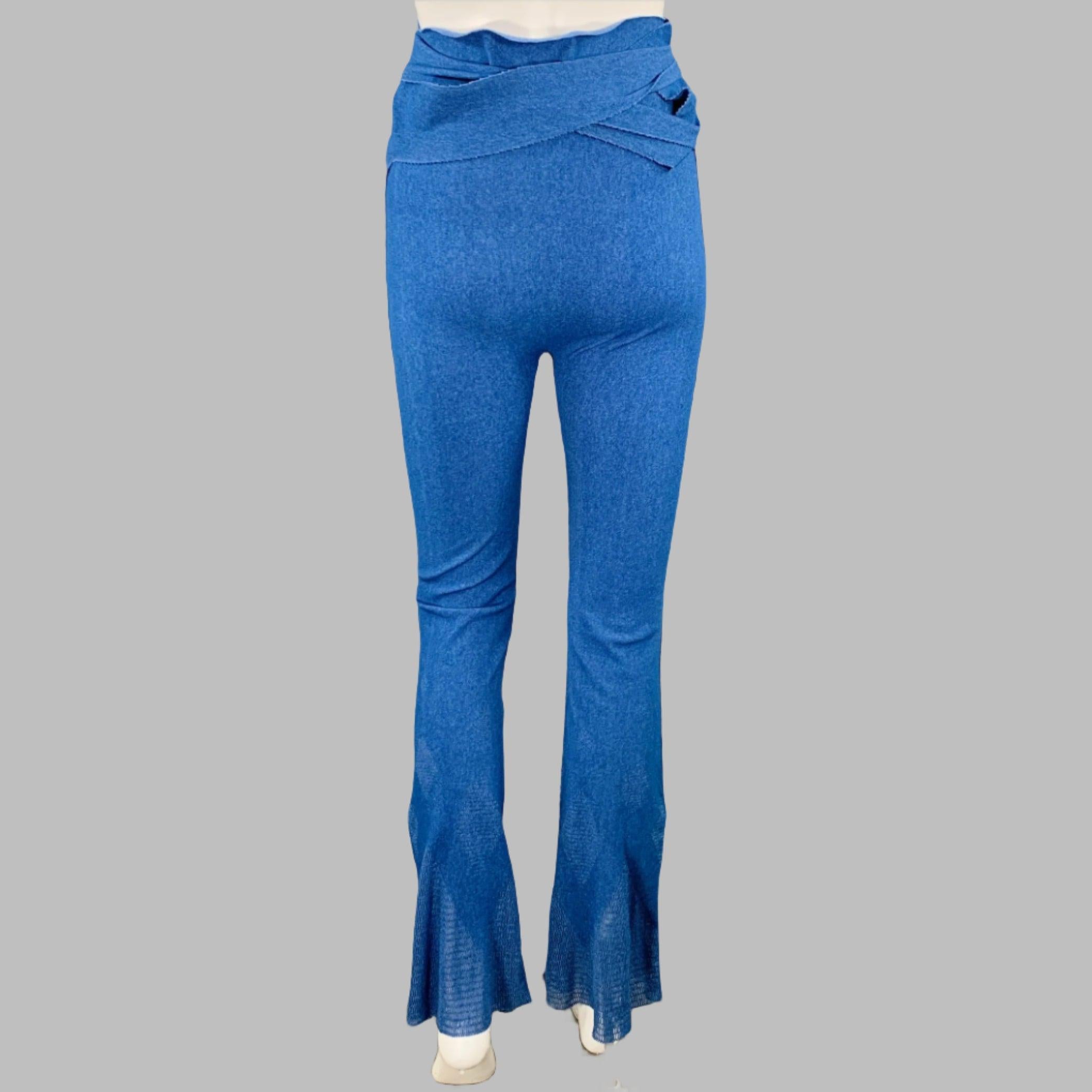 ISSEY MIYAKE Size M Blue Nylon Cotton Blend Mesh Belted Flared Casual Pants In Excellent Condition For Sale In San Francisco, CA