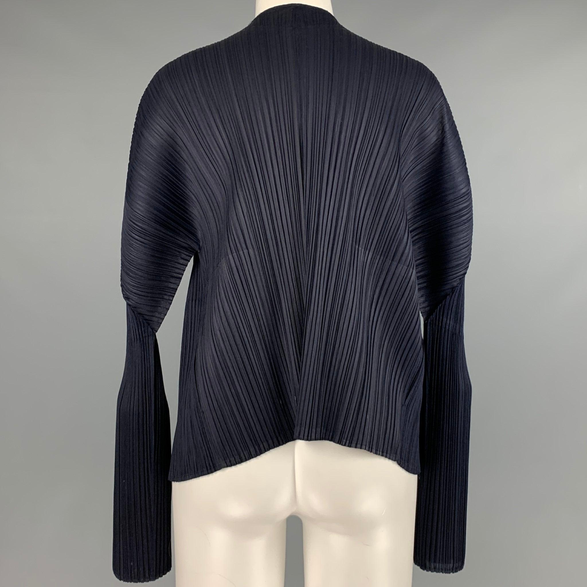 Women's ISSEY MIYAKE Size M Navy Pleated Open Front Cardigan - Womens For Sale