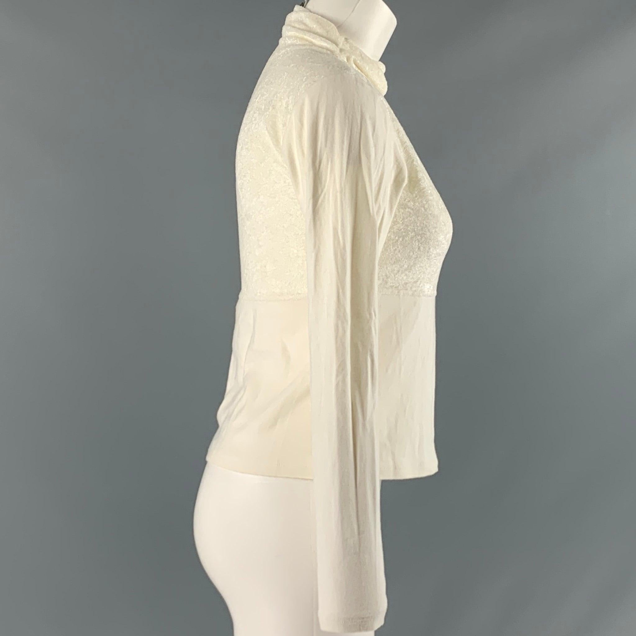 ISSEY MIYAKE WHITE LABEL casual top
in a
cream acetate polyester blend, featuring mixed textures design, long sleeves, and a mock neck. Made in Japan.Very Good Pre-Owned Condition. Minor signs of wear. 

Marked:   JP 2 

Measurements: 
 
Shoulder: