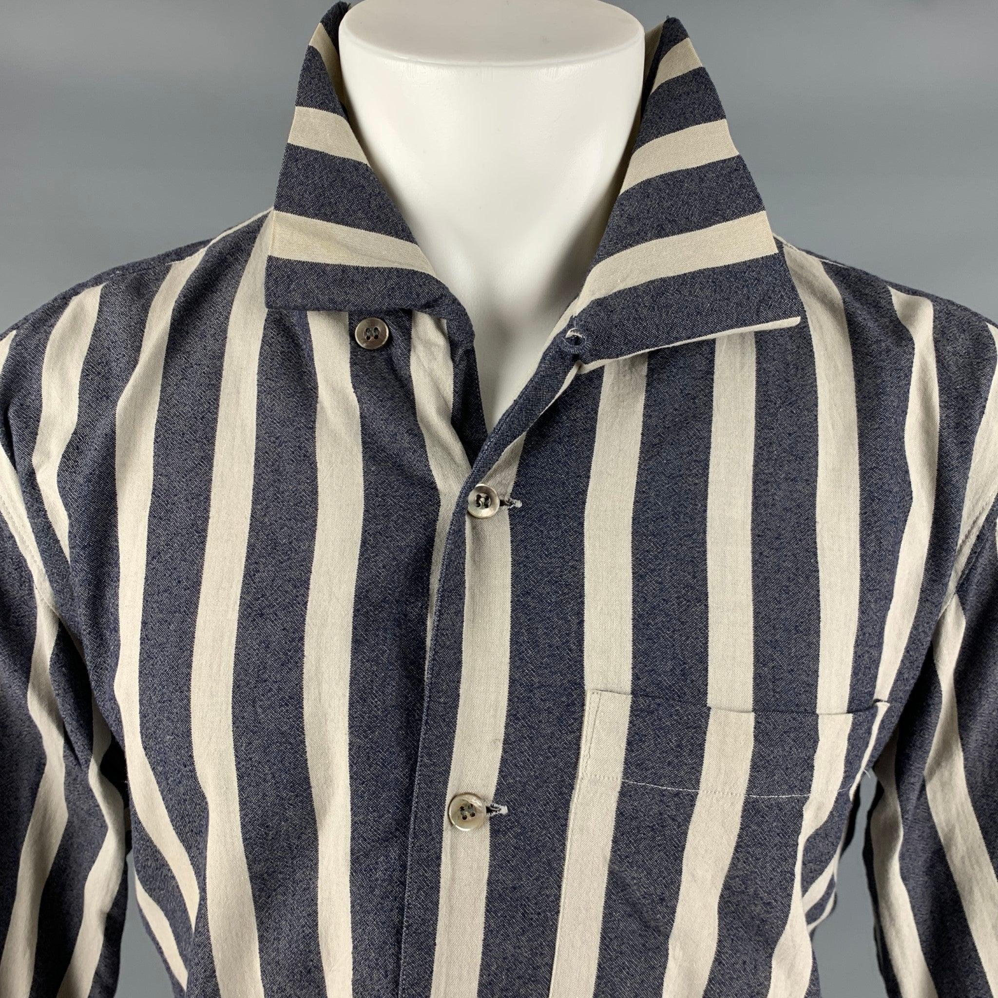 Men's ISSEY MIYAKE Size S Grey Navy Stripe Cotton 3/4 Sleeves Long Sleeve Shirt For Sale