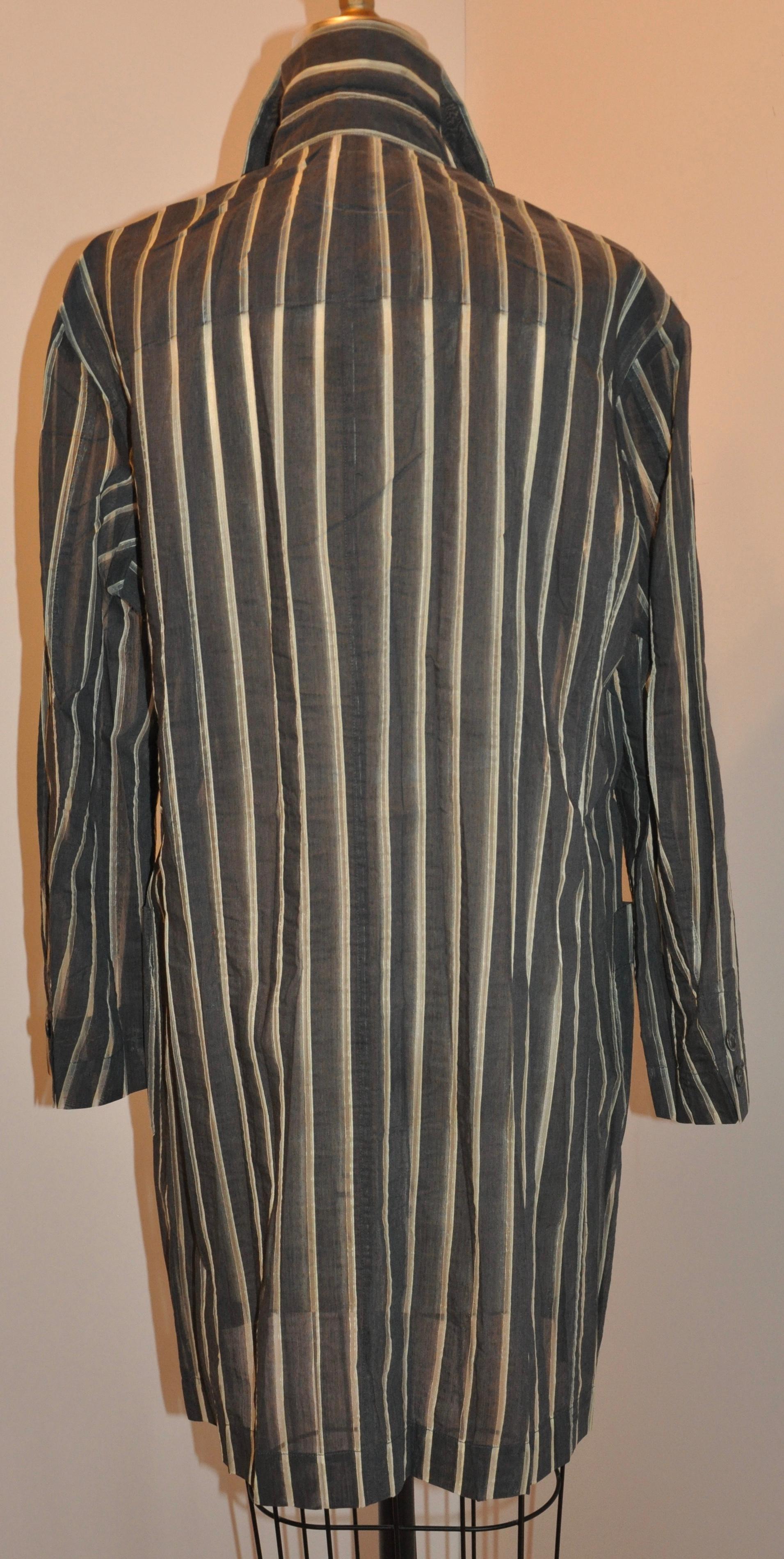 Issey Miyake Steel-Gray Striped Linen-Like Painter's Coat In Good Condition For Sale In New York, NY