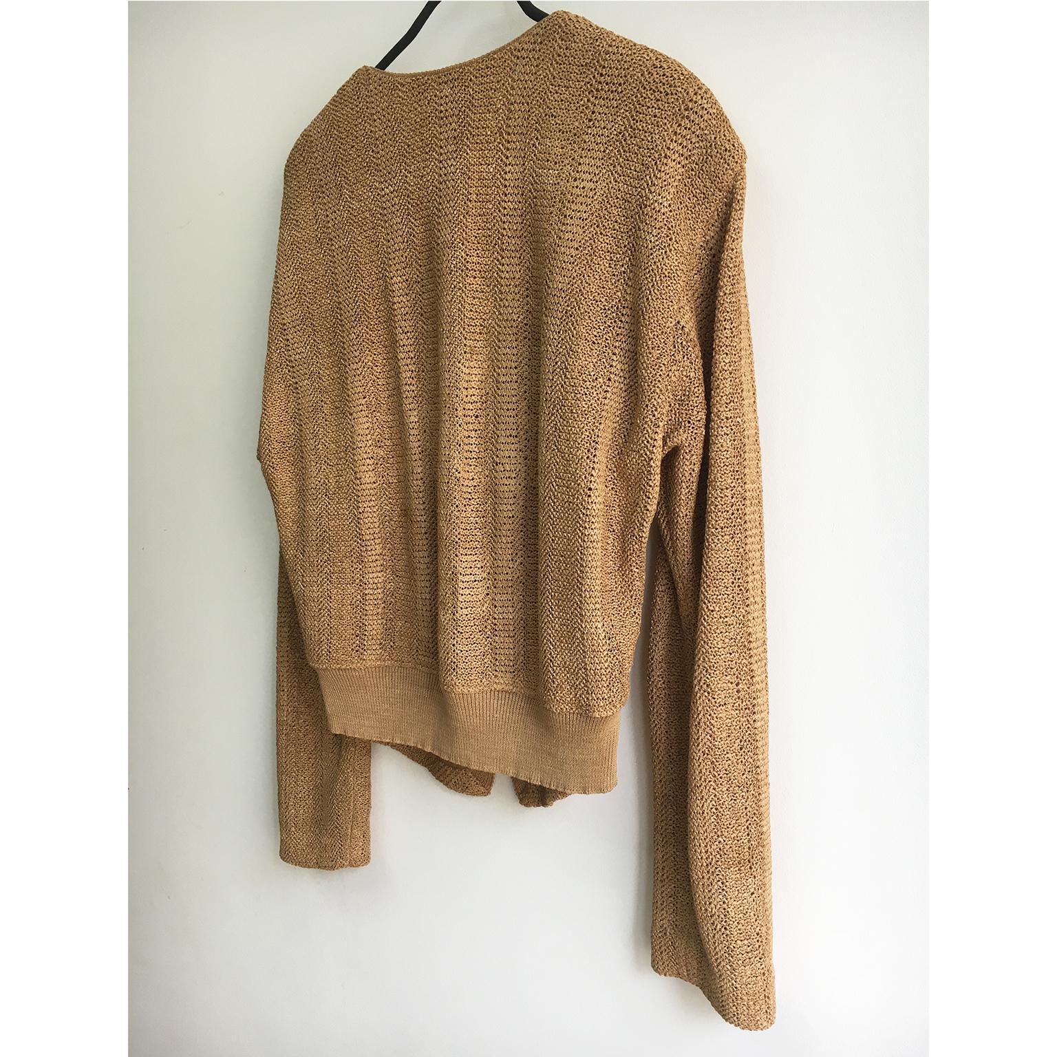 Issey Miyake men rayon straw cardigan from early 90s collection. 
Incredible texture rayon knit in a natural tan beige colour with two tone type of woven stripes.

Size : M (It fits like oversize, L)
Sleeve : 71 cm
Back length : 65 cm

