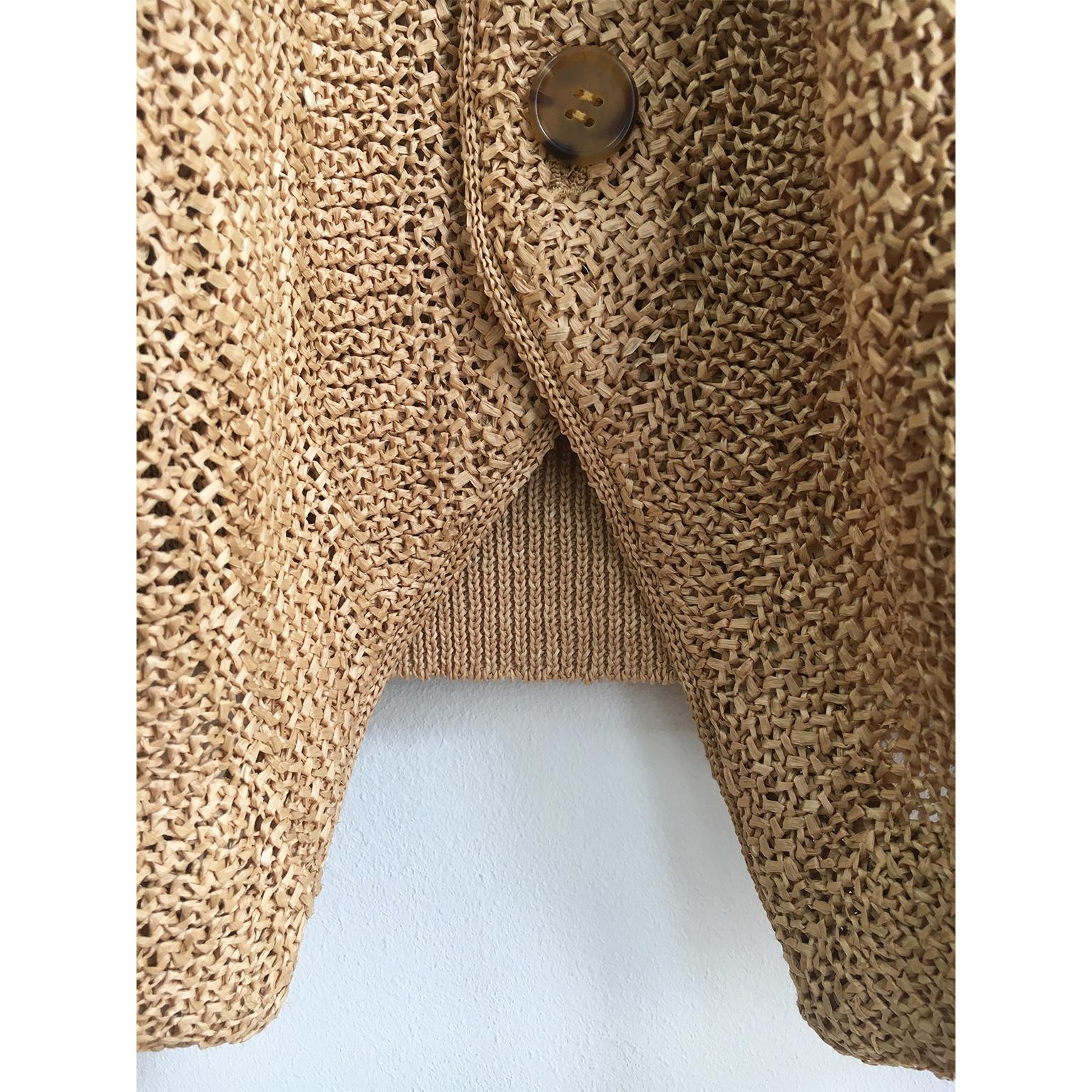 Issey Miyake Tan Straw Knit Beige Cardigan early 90s For Sale 1