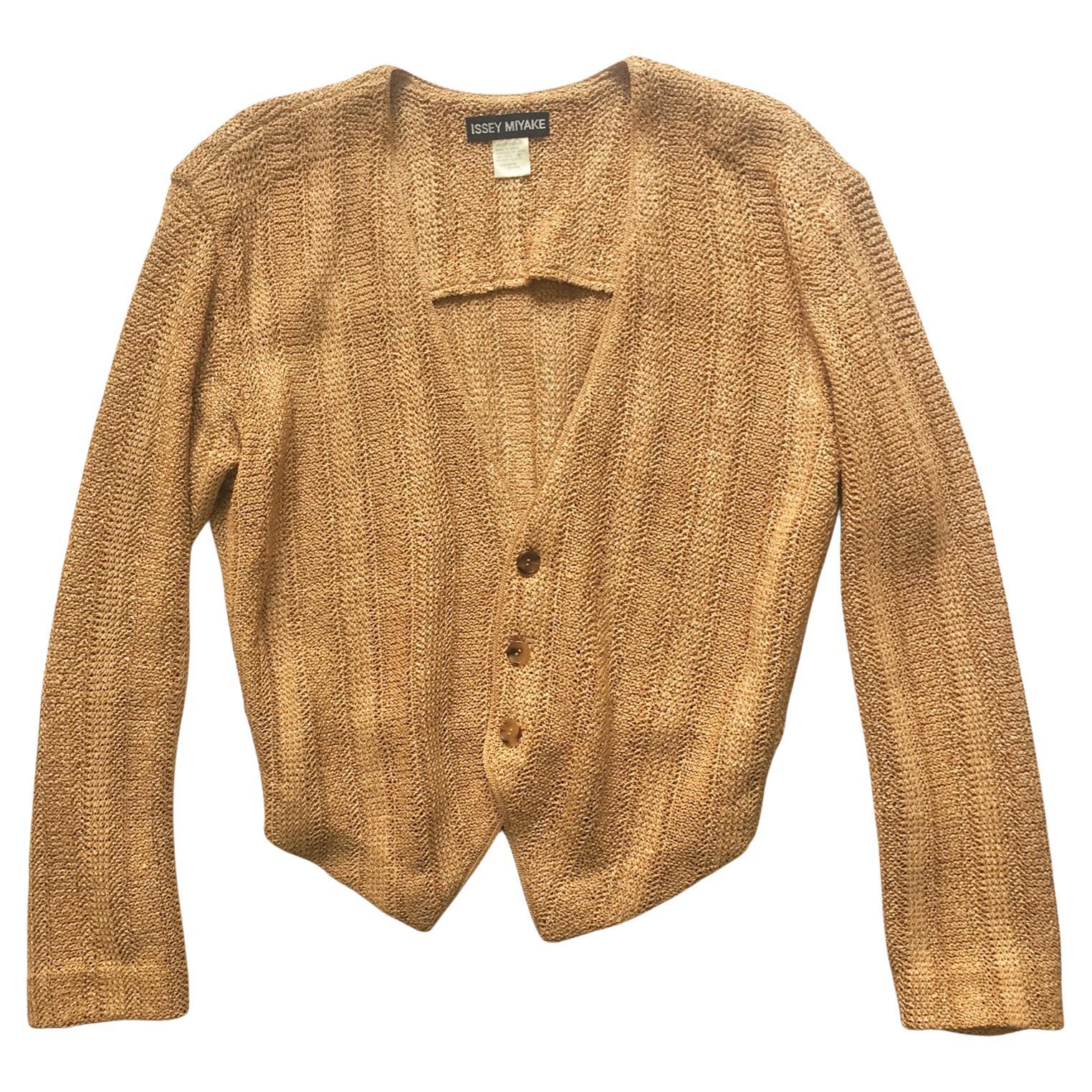 Issey Miyake Tan Straw Knit Beige Cardigan early 90s For Sale