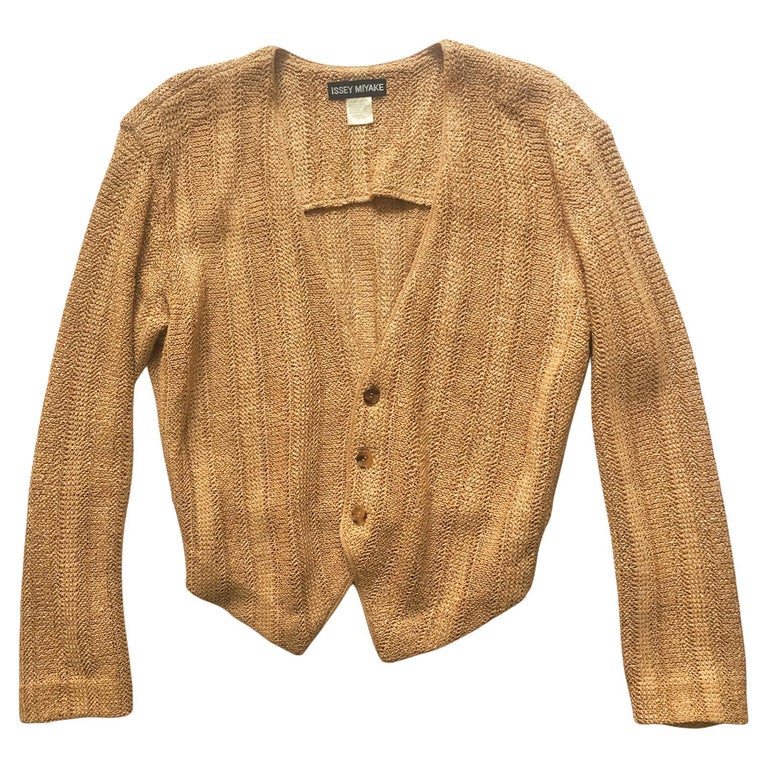 Issey Miyake Tan Straw Knit Beige Cardigan early 90s For Sale at 