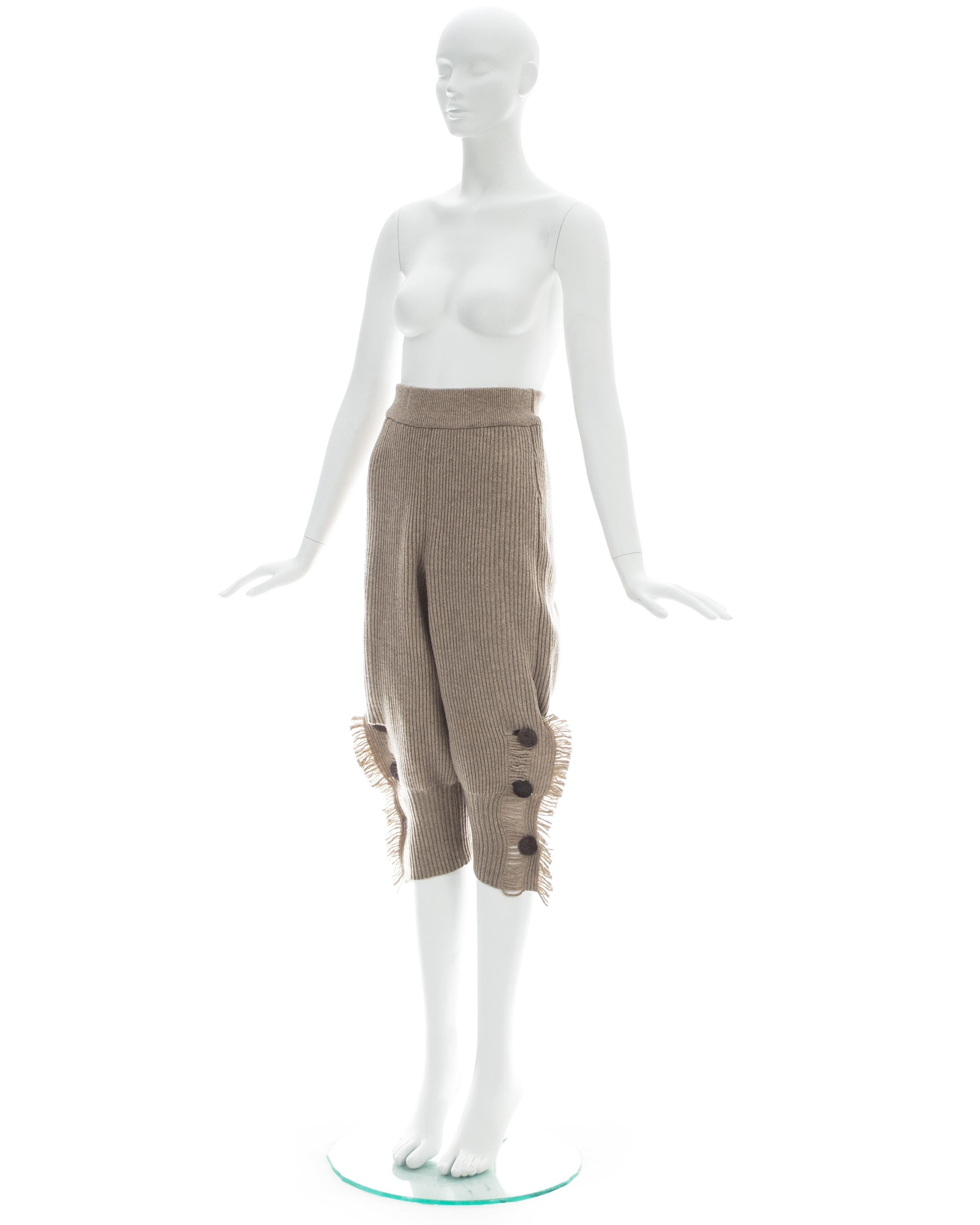 Women's Issey Miyake taupe rib knit wool fringed shorts, ca. 1988 For Sale