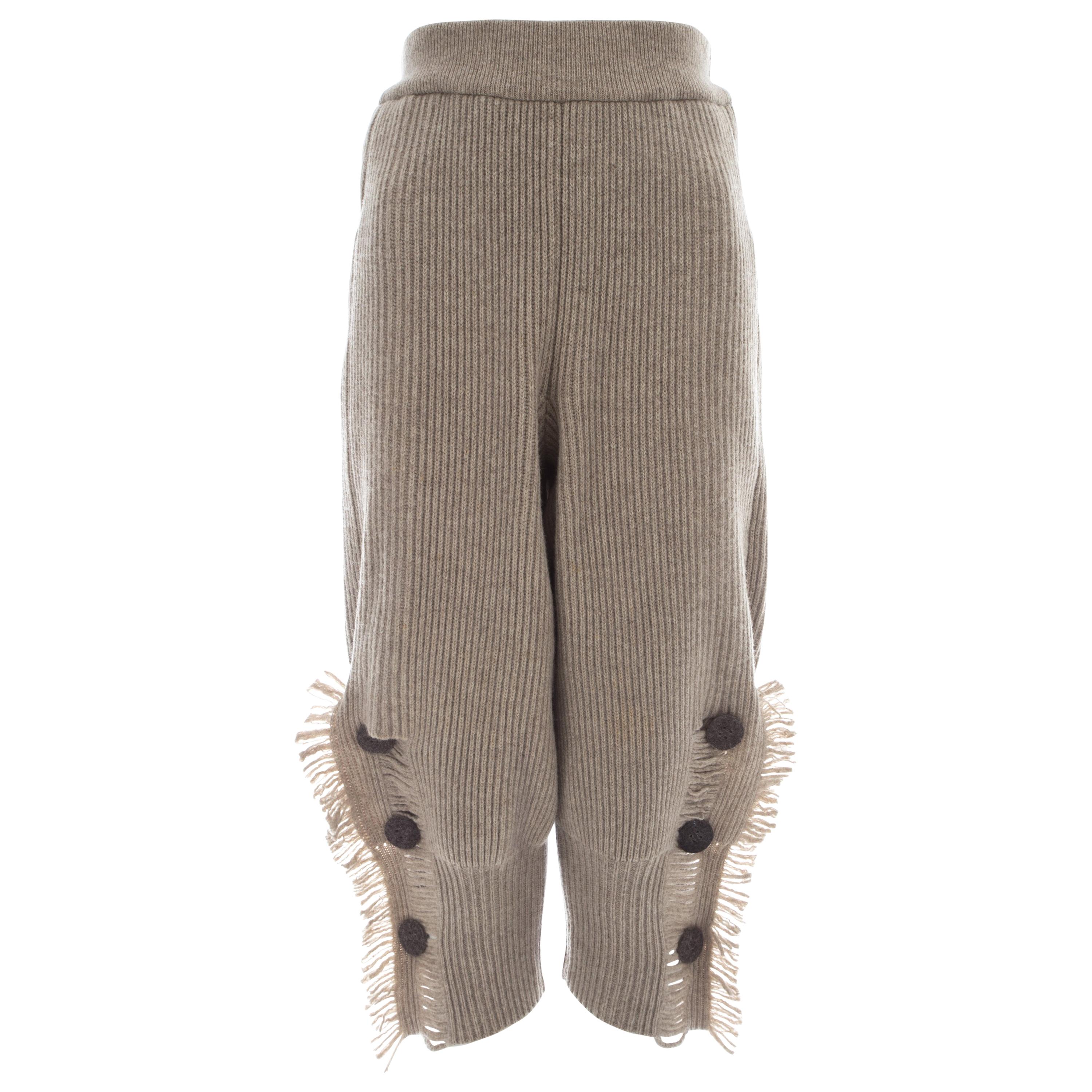 Issey Miyake taupe rib knit wool fringed shorts, ca. 1988 For Sale