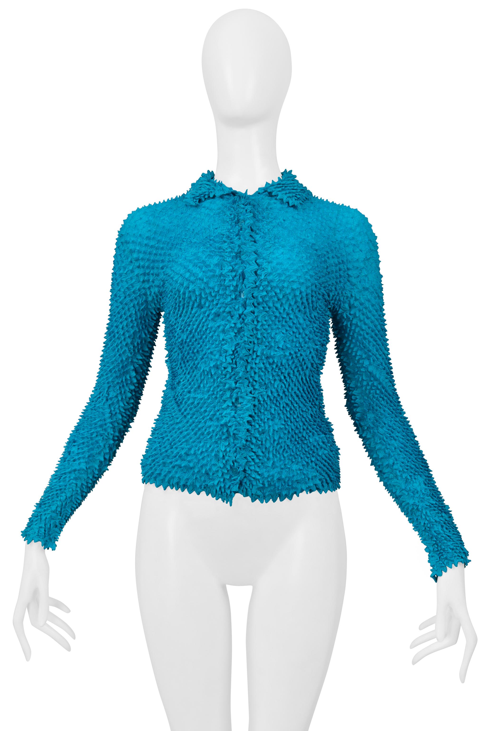 Blu Issey Miyake - Camicia con bottoni turchese e pieghe a porcospino 2000-2001 in vendita