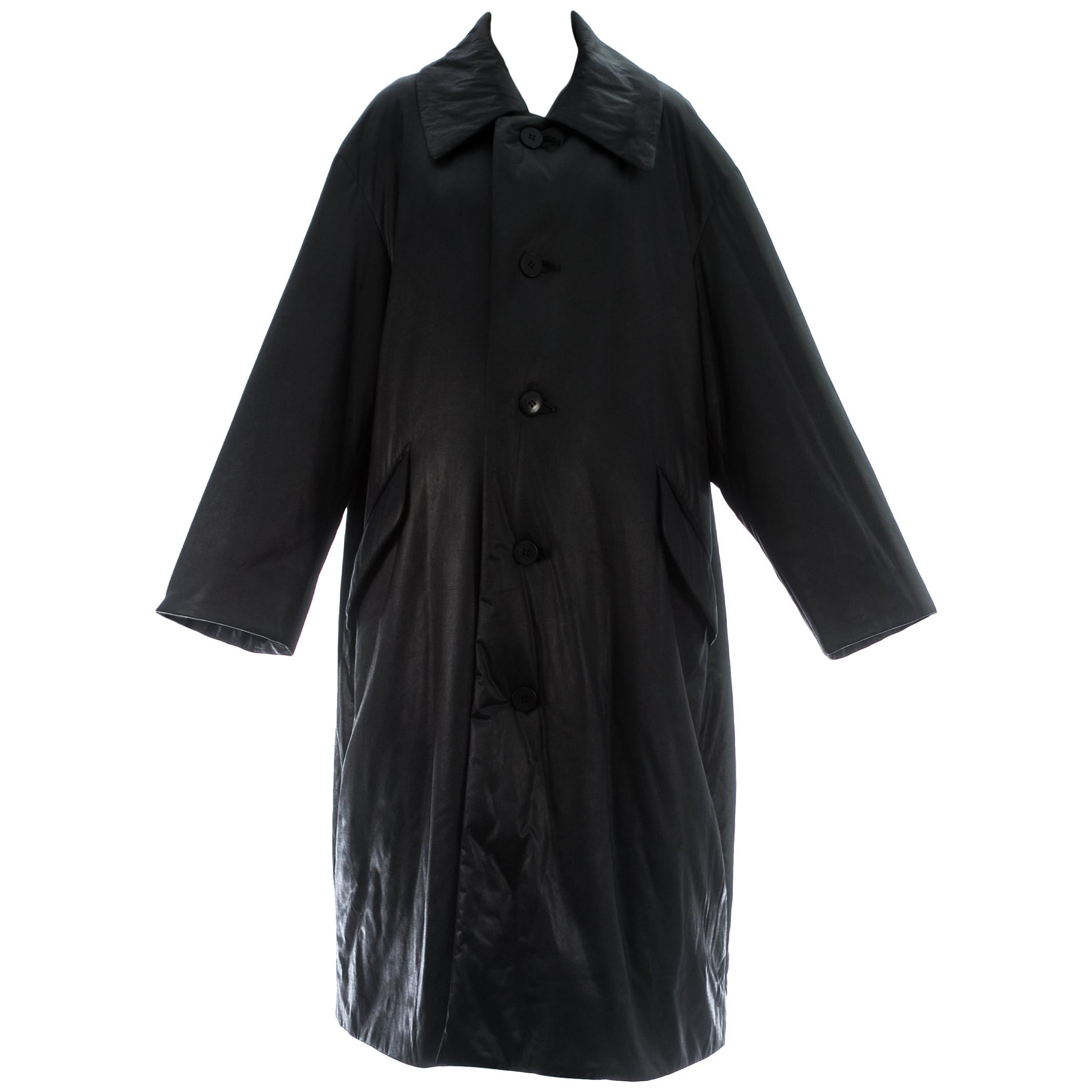 Issey Miyake unisex oversized black nylon puffer coat, c. 1990s