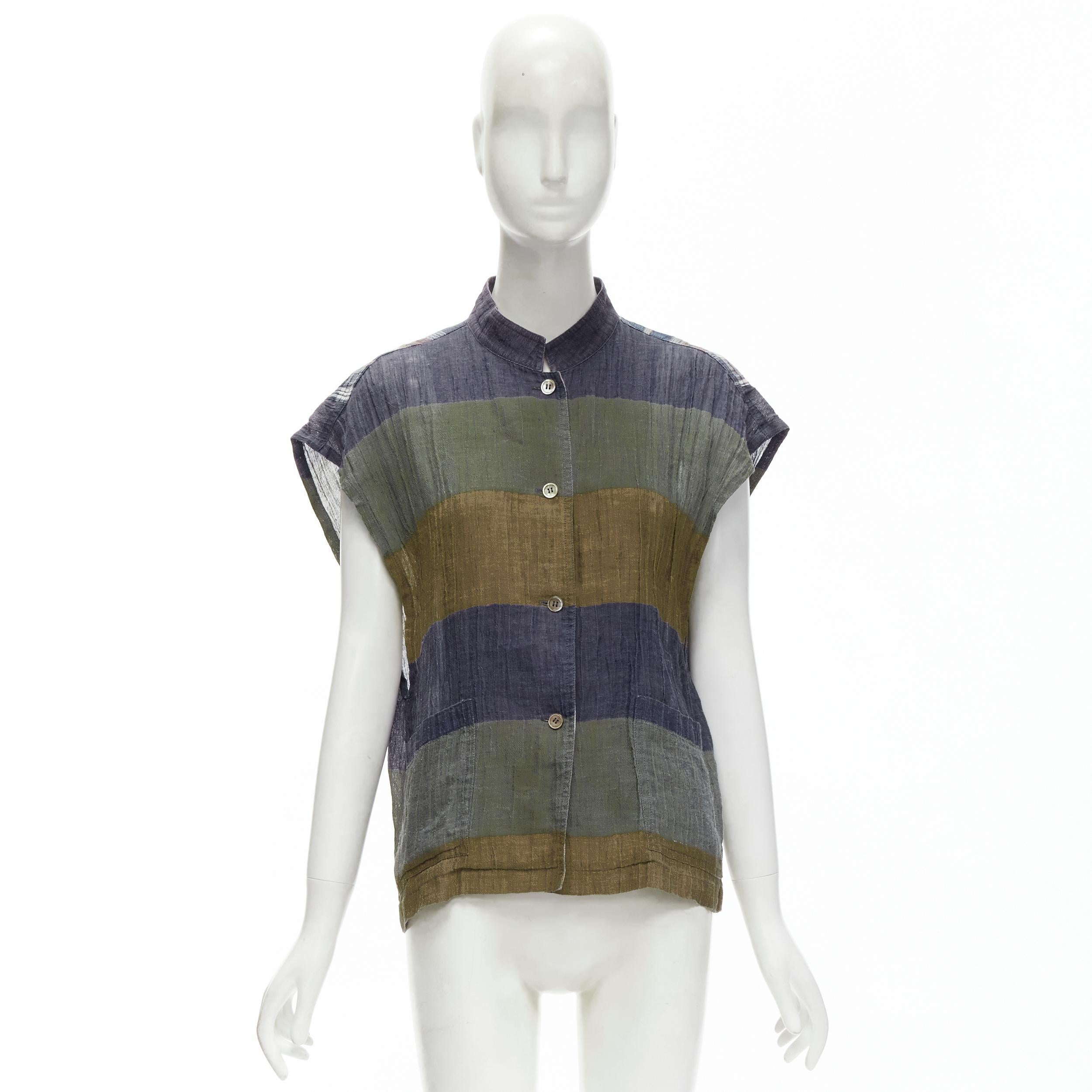 ISSEY MIYAKE Vintage 1970's 100% linen blue green check patchwork vest JP9 S For Sale 5
