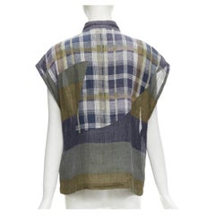 ISSEY MIYAKE Vintage 1970's 100% linen blue green check patchwork vest JP9 S