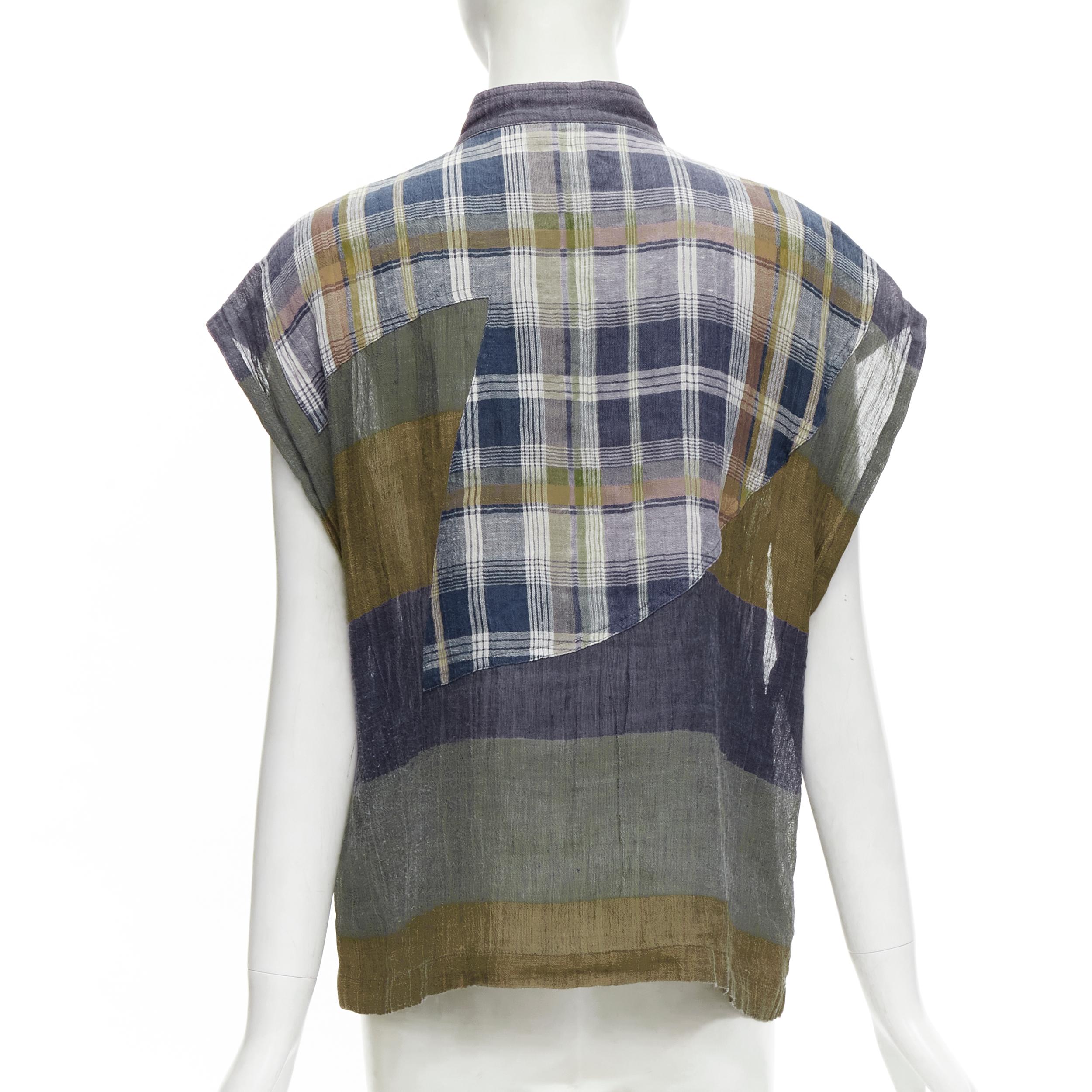 Gray ISSEY MIYAKE Vintage 1970's 100% linen blue green check patchwork vest JP9 S For Sale