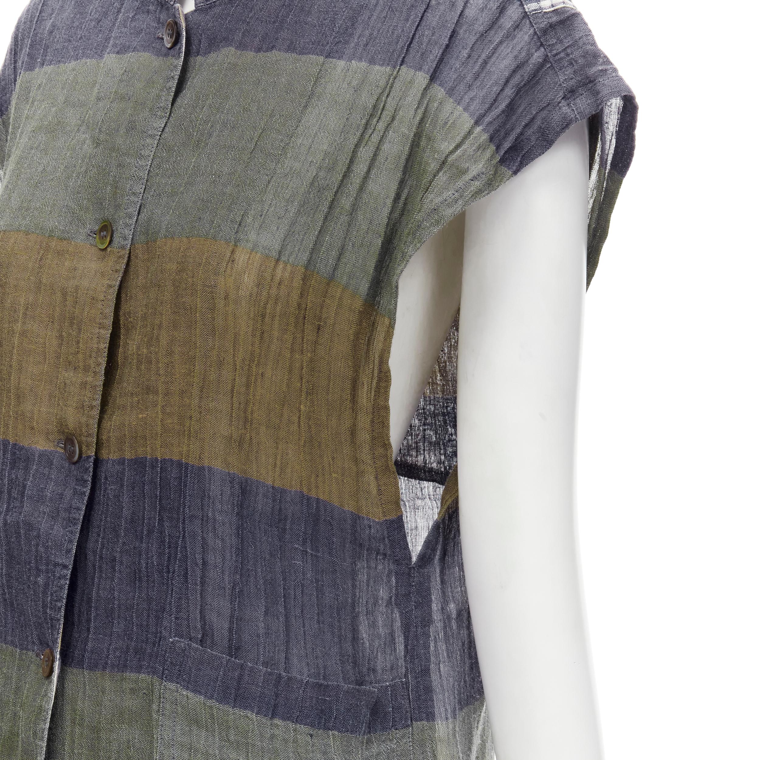 ISSEY MIYAKE Vintage 1970's 100% linen blue green check patchwork vest JP9 S In Good Condition For Sale In Hong Kong, NT