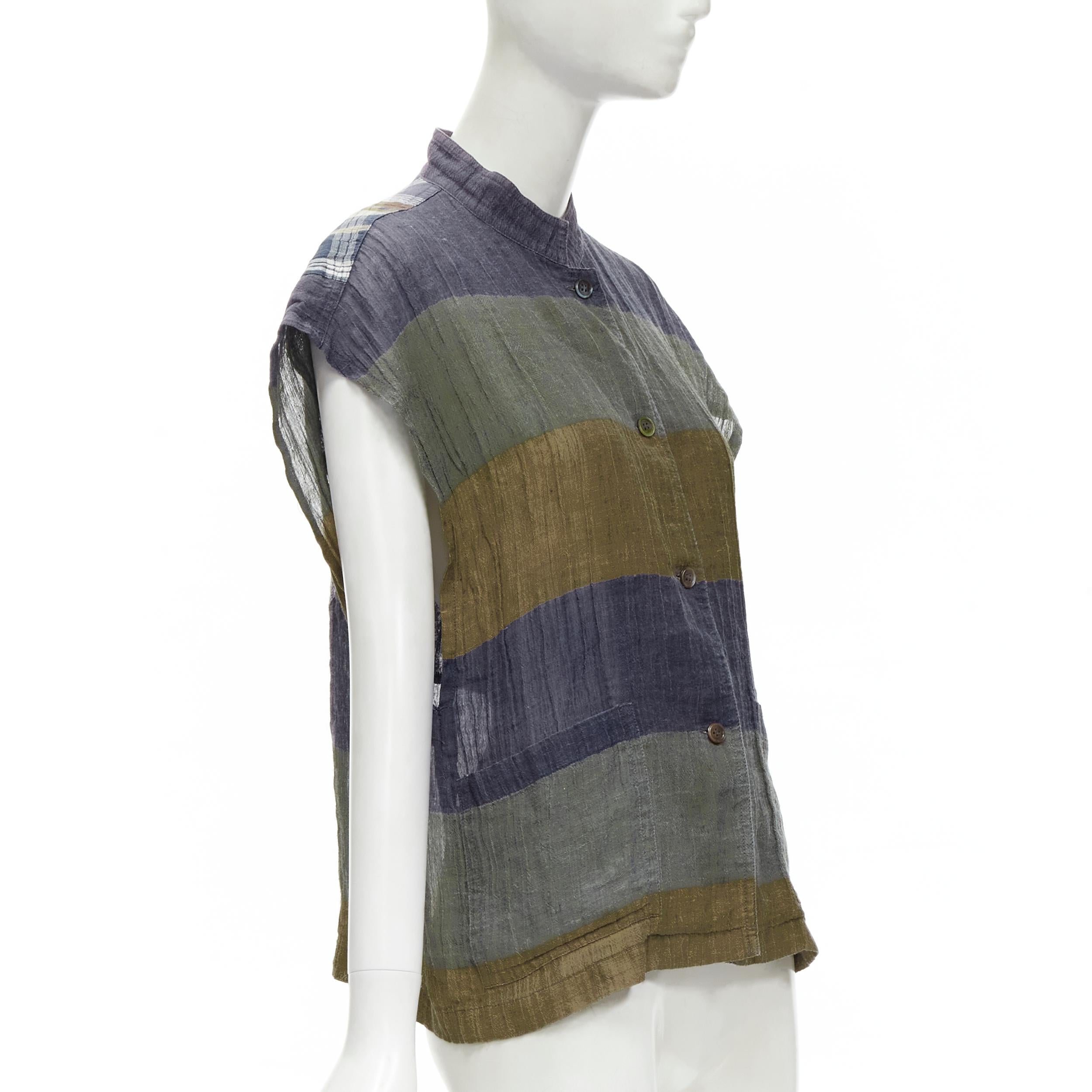 ISSEY MIYAKE Vintage 1970's 100% linen blue green check patchwork vest JP9 S In Good Condition For Sale In Hong Kong, NT